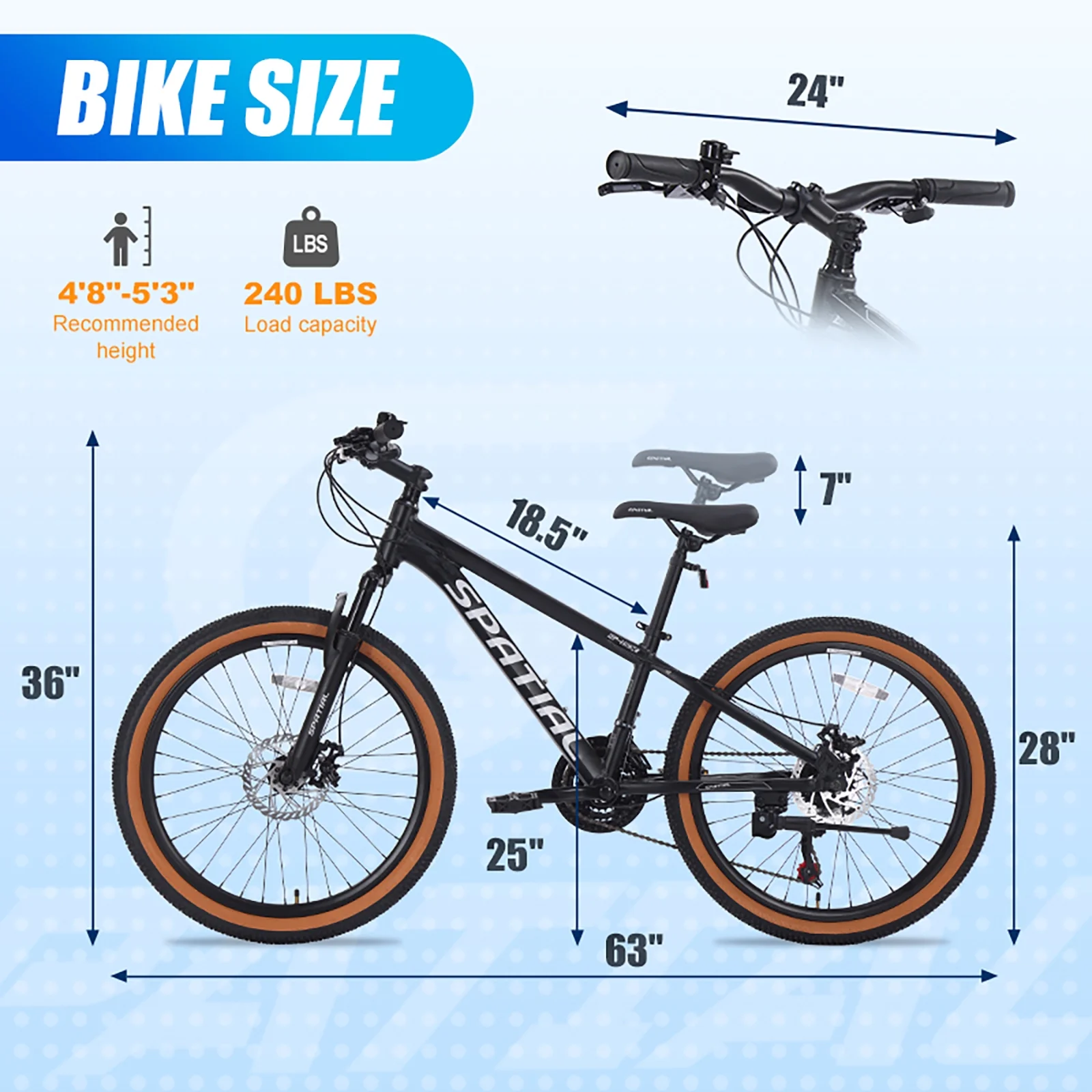 SPATIAL 24 inch Mountain Bicycle for Teenagers,21-Speed Gears MTB Mountain Bikes,Aluminum Frame Dual Disc Brakes