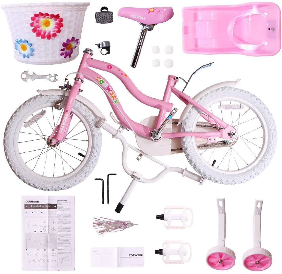 Coewske Princess Kids Bike 14 inch Boys Girls Bicycle with Training Wheels, Pink