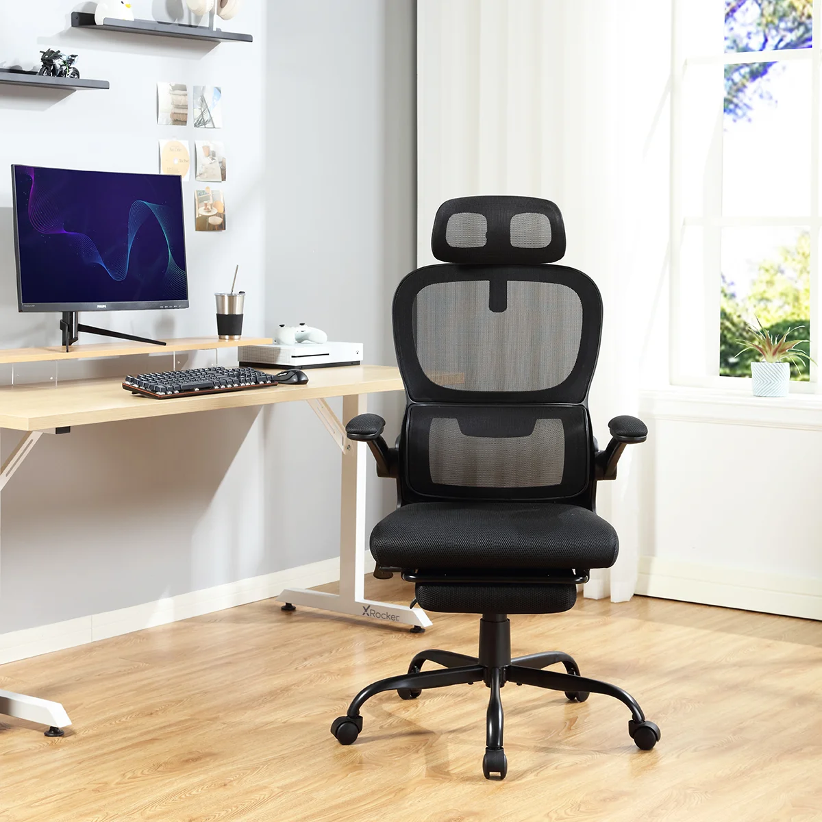 Mainstays Ergonomic Height Adjustable Mesh Office Chair for Teens and Adults with Lumbar Support and Tilt Function, with Leg Rest, Black