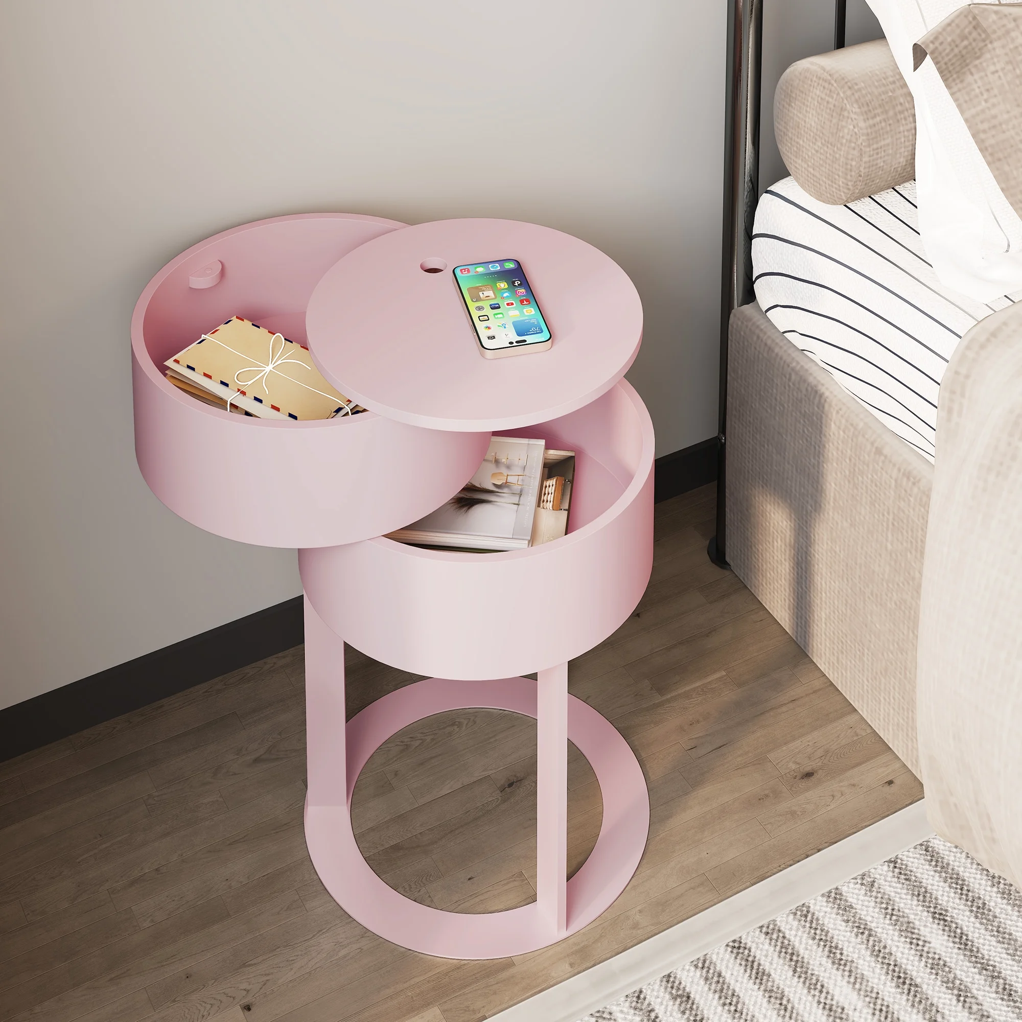 HLR Modern Round Wood Nightstand with Drawer, 2-Tier End Table for Living Room, Bedroom, Black