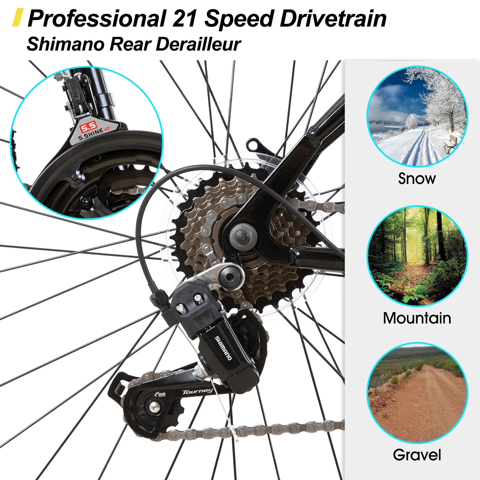 Hiland 26 27.5 29 Inch Mountain Bike, Mens Womens MTB with 21 Speeds, High-Tensile Steel Frame, V Brake, Hardtail Bicycle for Adults