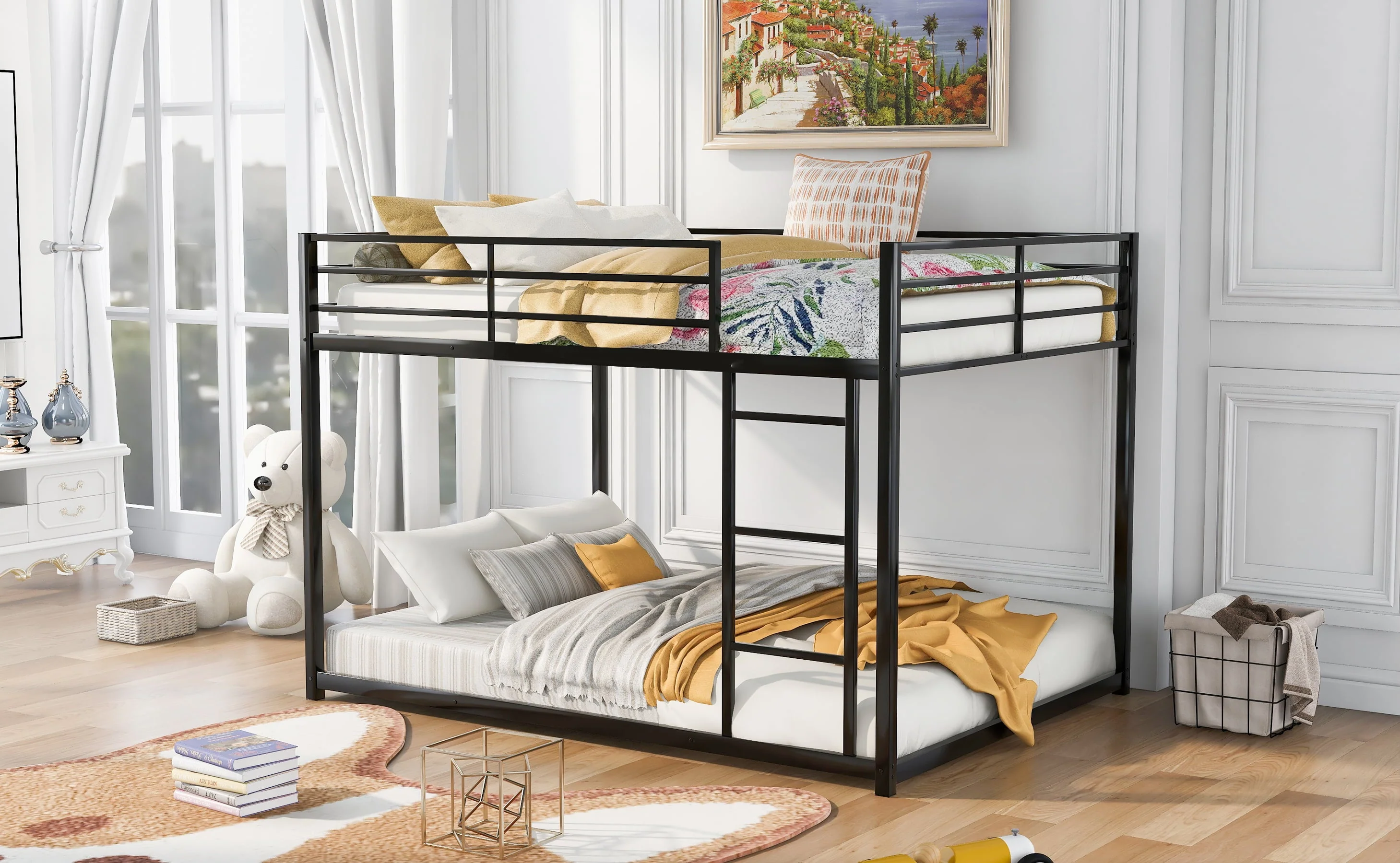 Euroco Full Metal Low Bunk Bed with Ladder, Black