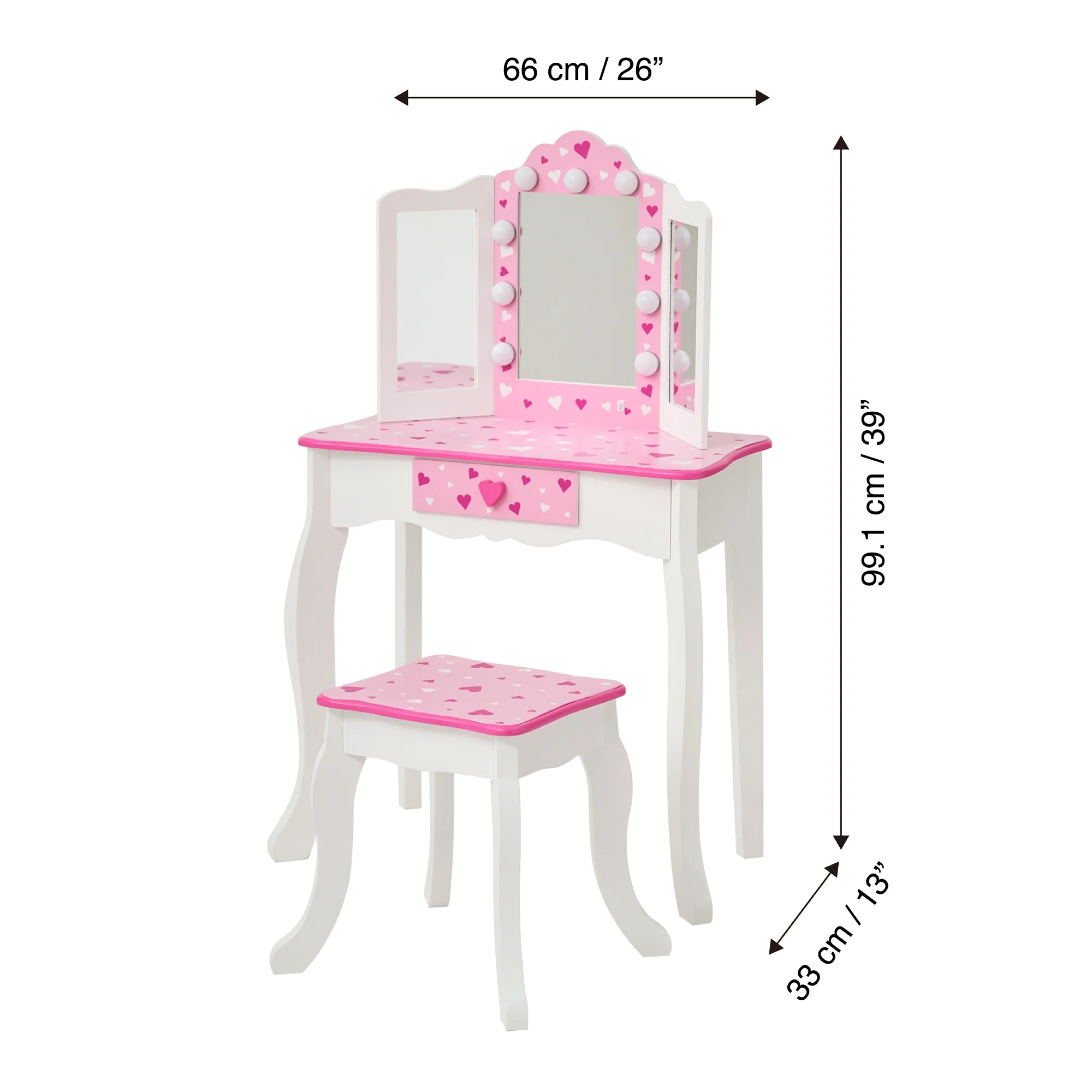 Fantasy Fields Kids Princess Vanity Set with LED Lights Mirror and Storage, Pink/White