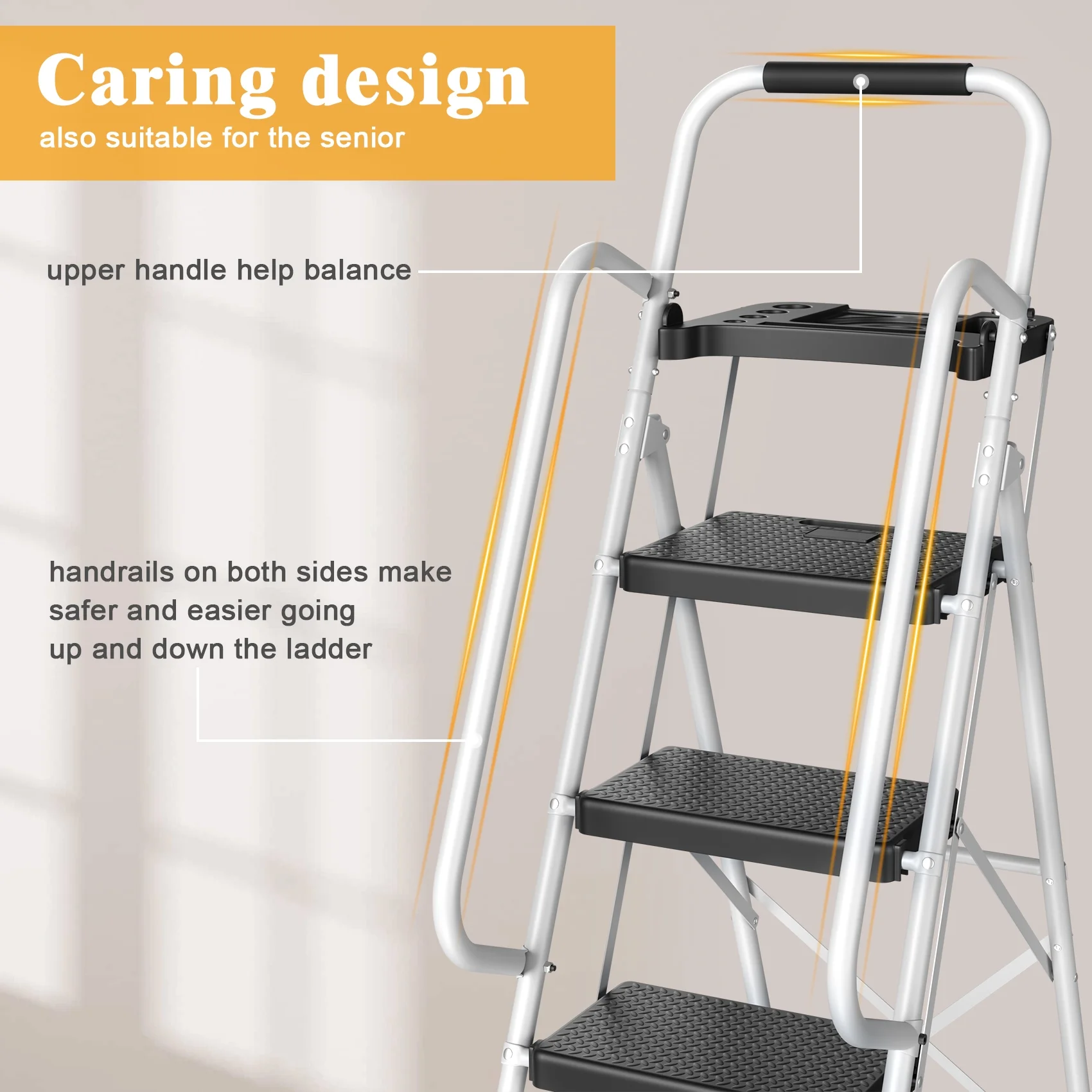 JOZ 5-Step Ladder, 350lbs Portable Folding Ladders for Home, with Handrails and Tool Tray and Anti-Slip Pedal, Black