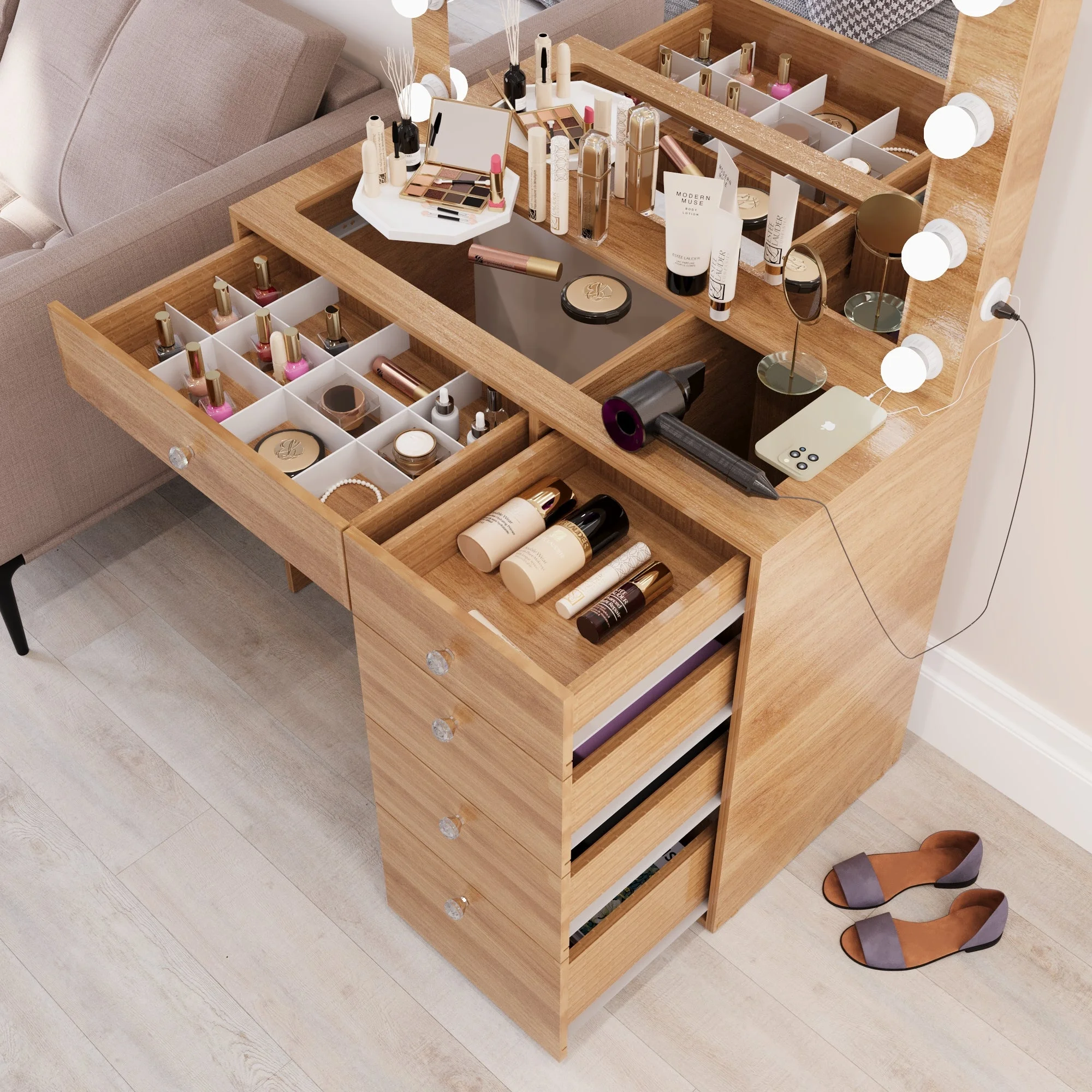 Ember Interiors Ghada Modern Brown Makeup Vanity Desk with Built-in Lights and USB Port for Bedroom