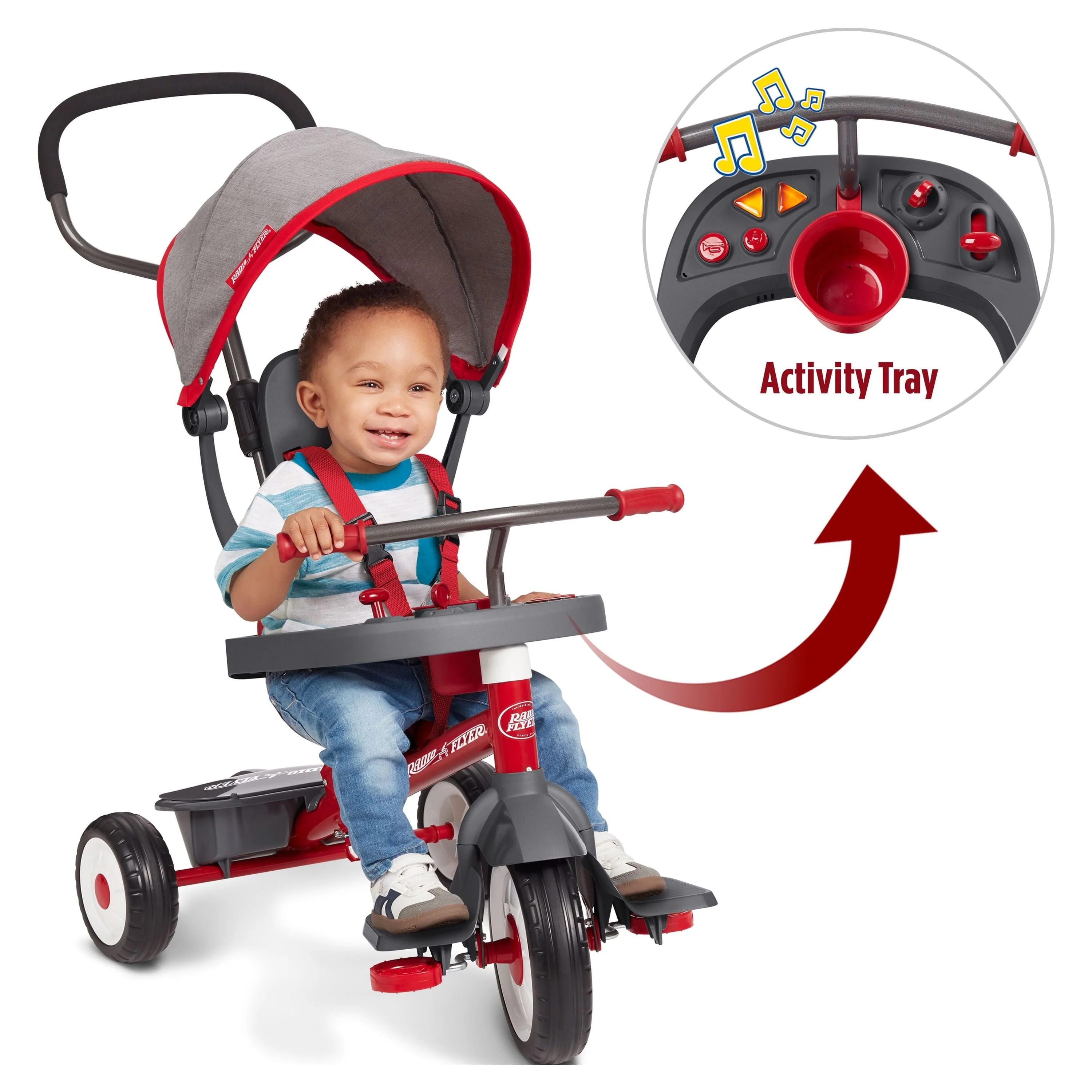 Radio Flyer, 4-in-1 Stroll 'N Trike with Activity Tray, Red & Gray, Convertible Tricycle