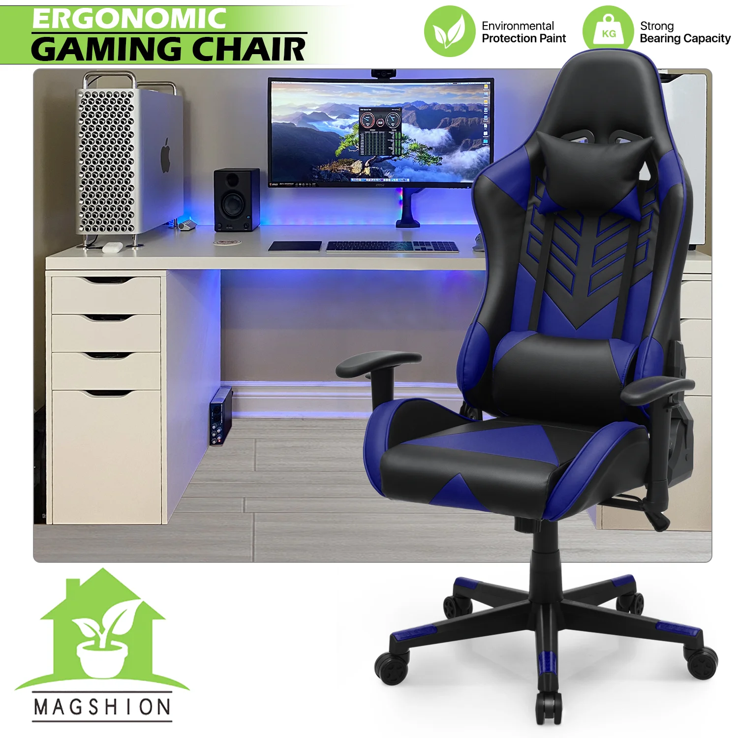 Magshion Ergonomic Gaming Chair, Comfortable Gaming Chair, Computer Chair Leather Desk Chair Adjustable Swivel Gaming Office Chair, Blue