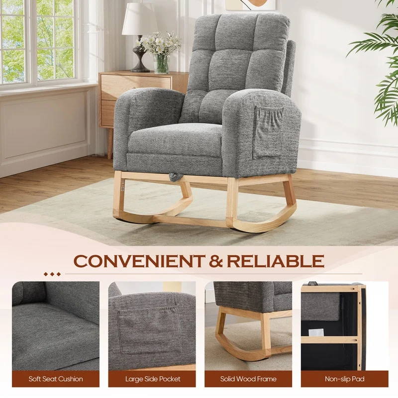 FFH Rocking Chair Nursery, Tufted Accent Rocker Chair, Upholstered Armchair with Adjustable Footrest, Side Pocket, High Backrest, Padded Seat, Polyester Blend (Retro, Dark Gray)