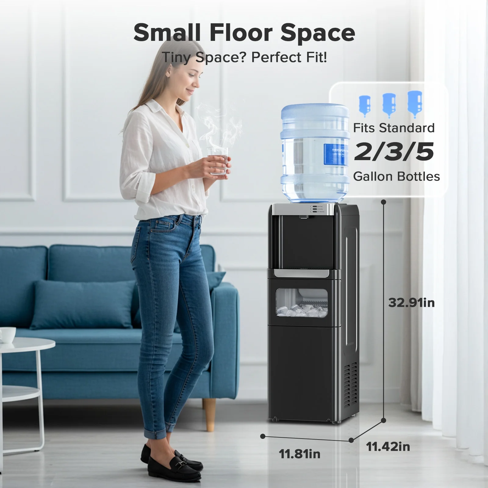 LHRIVER 2-5 Gallon Water Dispenser & 6-Min Ice Maker, 3-in-1 Hot/Cold/Ice, Child Lock & Energy-efficient, for Home/Office, Black