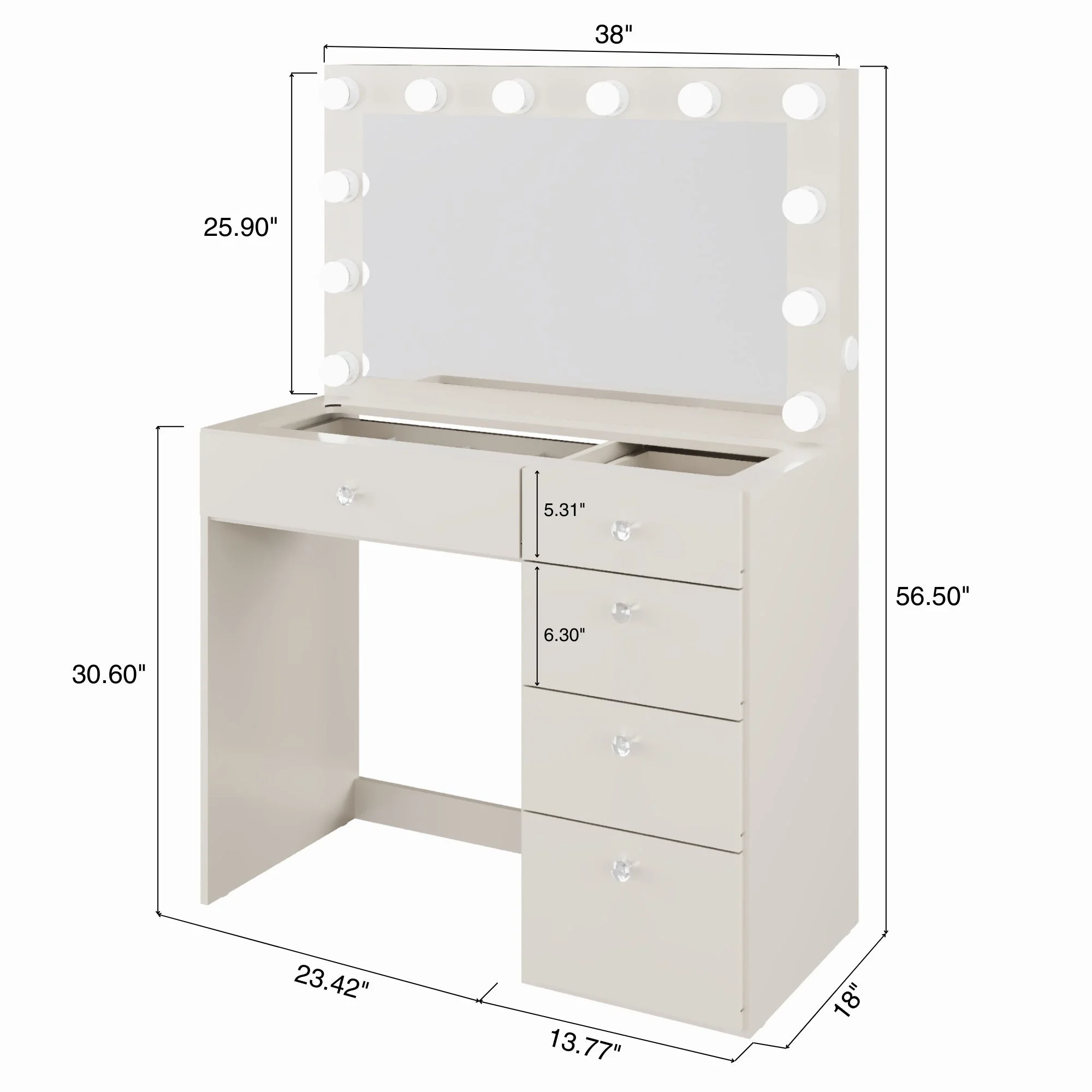 Ember Interiors Ghada Modern Brown Makeup Vanity Desk with Built-in Lights and USB Port for Bedroom