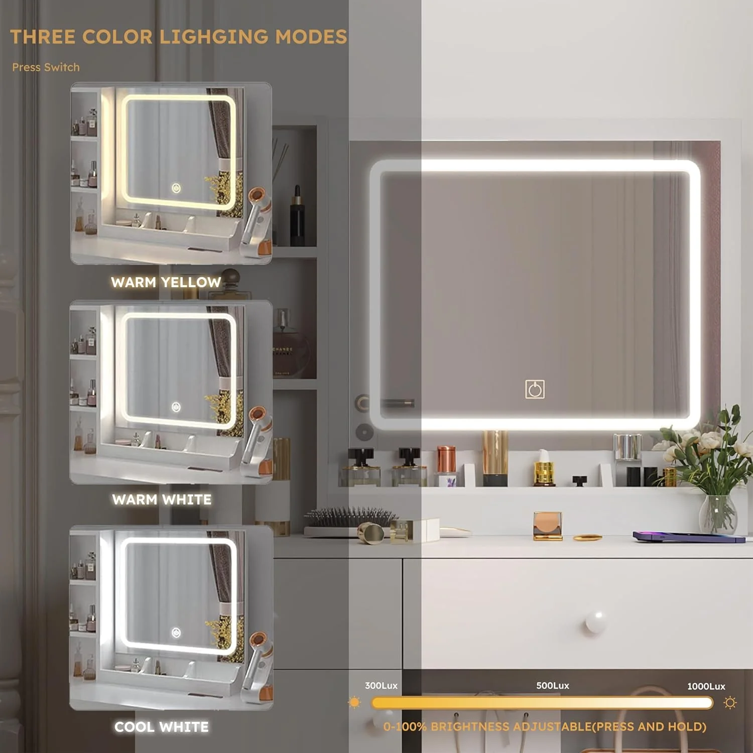 Furnibear Vanity Desk Set with Mirror and Light, Makeup Table with 2 Drawers and Cabinet, Power Outlet and 3 Color Modes Brightness Adjustable