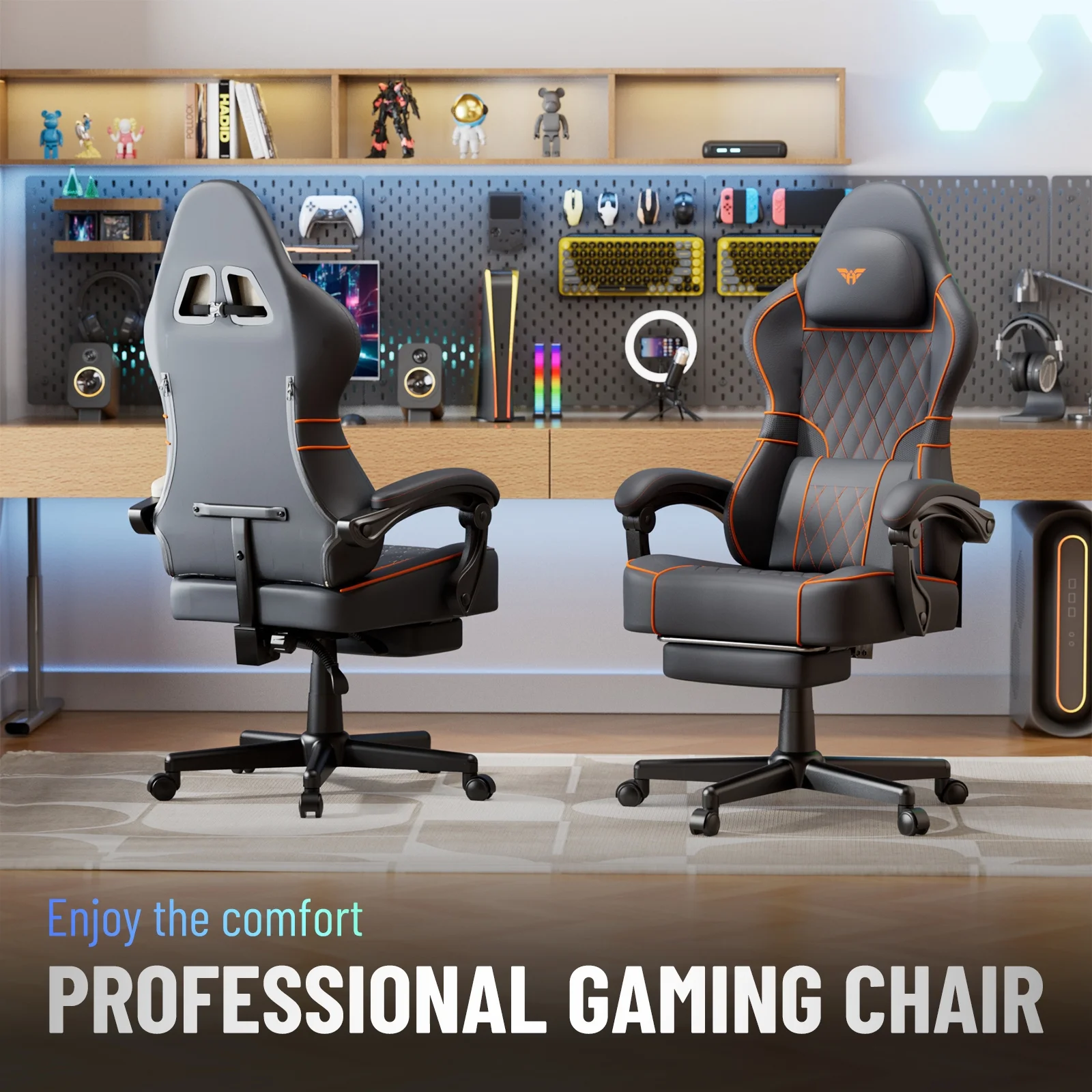 SOONTRANS Gaming Chair for Adults, Velvet Fabric High Back Comfortable Video Game Chair with Footrest and Massage Lumbar Cushion, Racing Computer Desk Chair, Ergonomic Gamer Chair, Black/Grey