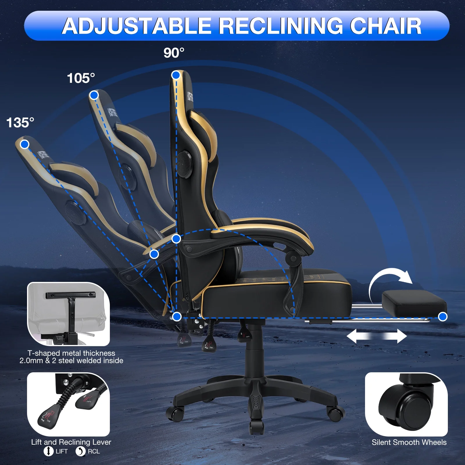 Hoffree Gaming Chair with Speakers PU Gamer Chair with footrest and massage Egonomic Computer Game Chair with Headrest and Lumbar Support for Adults and Office Gaming, 440 LBS