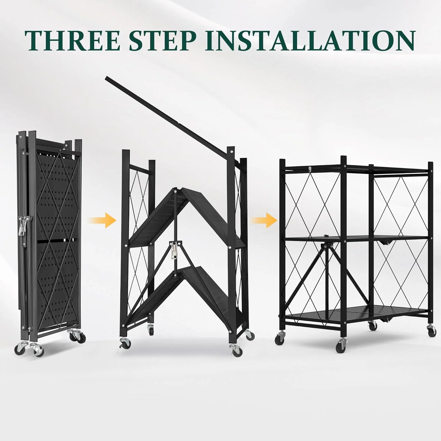 Foldable 4-Tier Storage Shelves with Wheels, No Assembly Bookshelf, Heavy Duty Kitchen Racks and Shelves, Rolling Microwave Cart, White