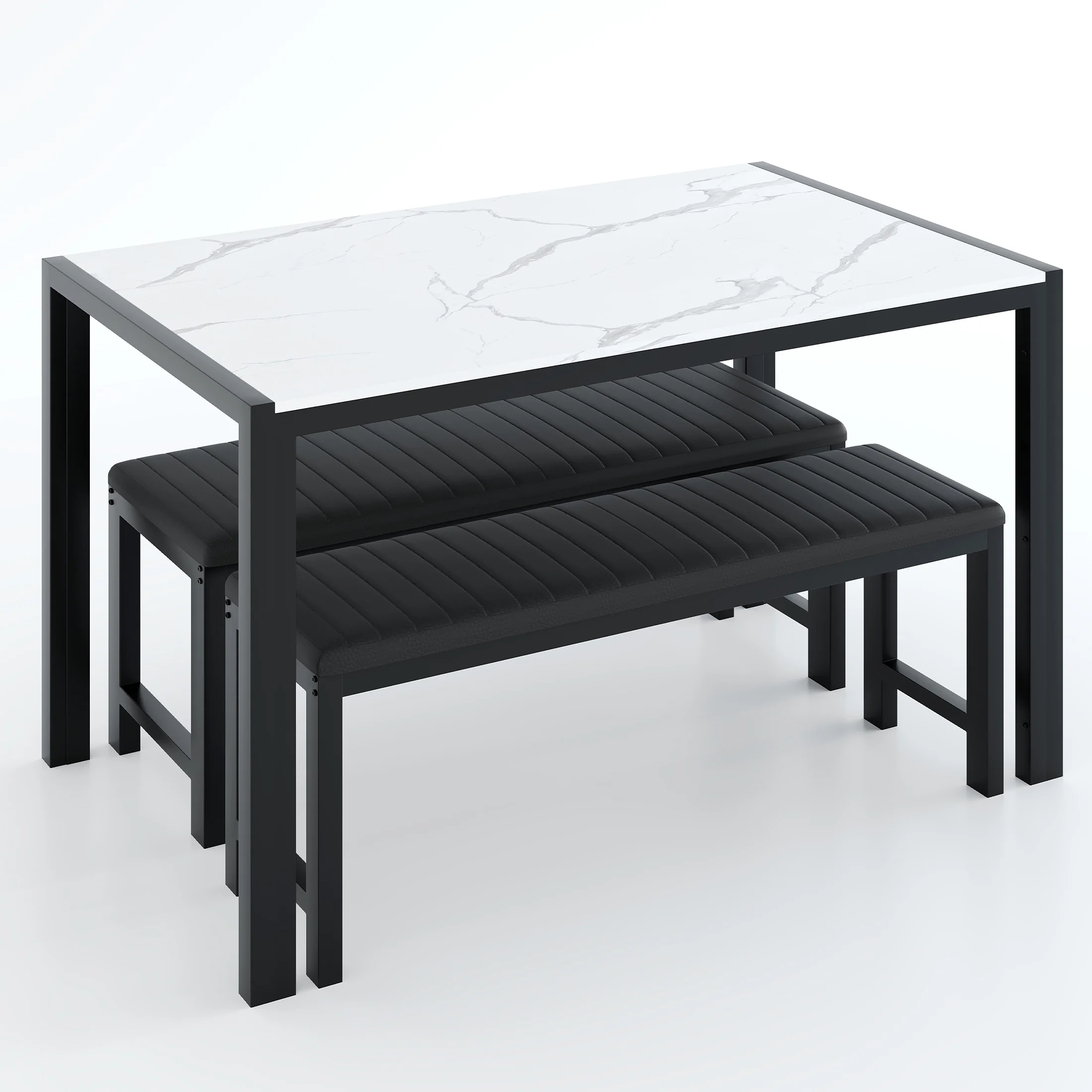 UHOMEPRO Dining Room Table Set, 3-Piece Dining Table Set with 2 Benches, Kitchen Table Set for 4 with Metal Frame, Modern Dining Room Set Furniture Set for Bar Dining Room Breakfast Nook, Black