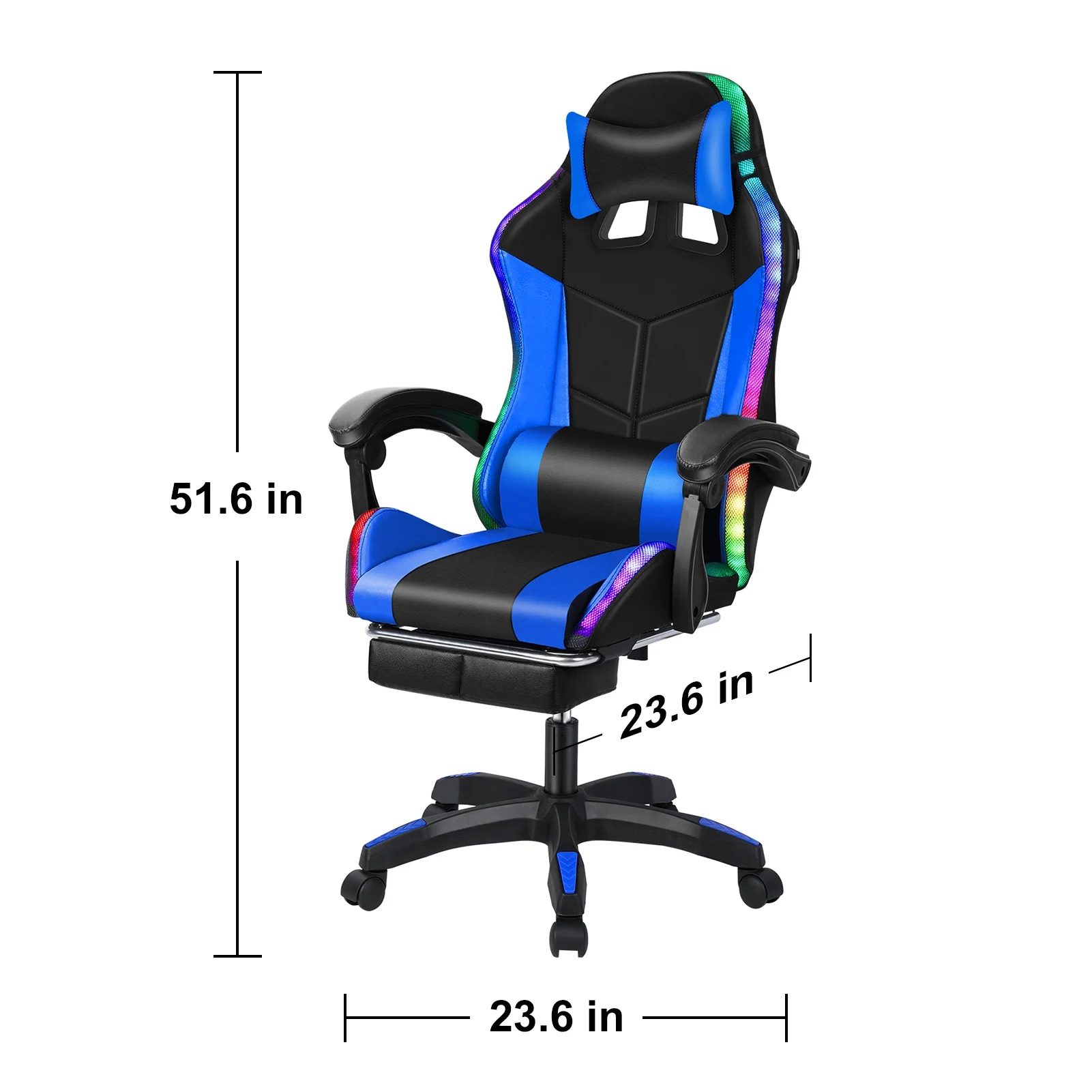 Happydeer Gaming Chair with Bluetooth Speakers and LED Lights Ergonomic Massage Video Game Chair with Footrest High Back with Lumbar Support Blue and Black
