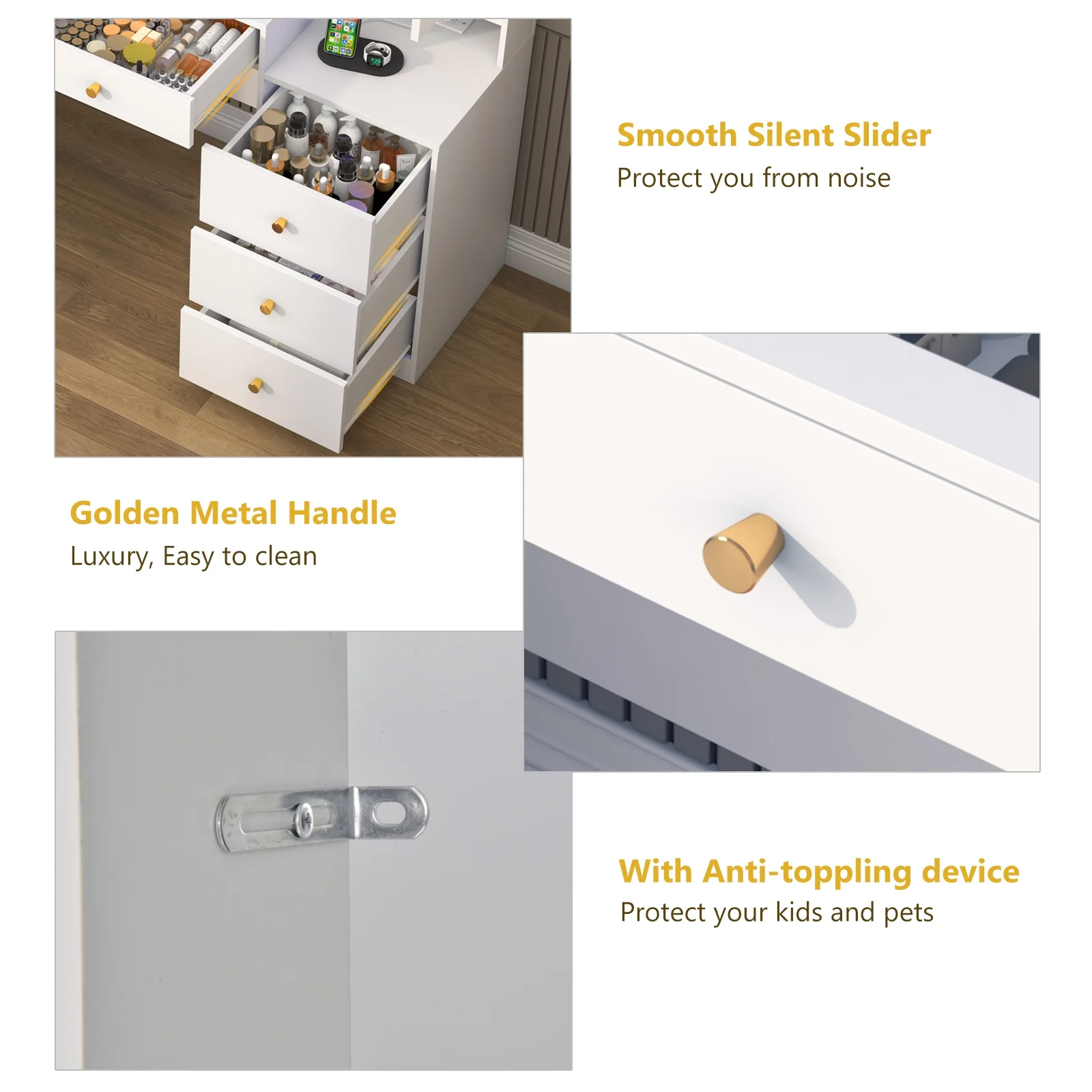 ChVans 62'' Large Vanity Desk with Tempered Glass Top, 60000-color LED Lights, Charging Station, White Makeup Vanity with 3 Lights Mode LED Mirror, 9 Drawers, 2 RGB cabinets for Women, Girls Gift