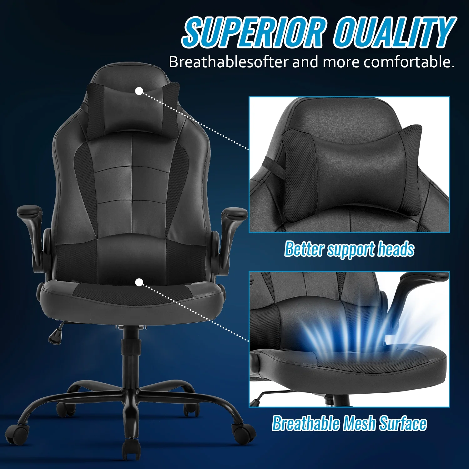 BestOffice Ergonomic Gaming Chair, Lumbar Support, Swivel Rolling for Men, Women(Black)