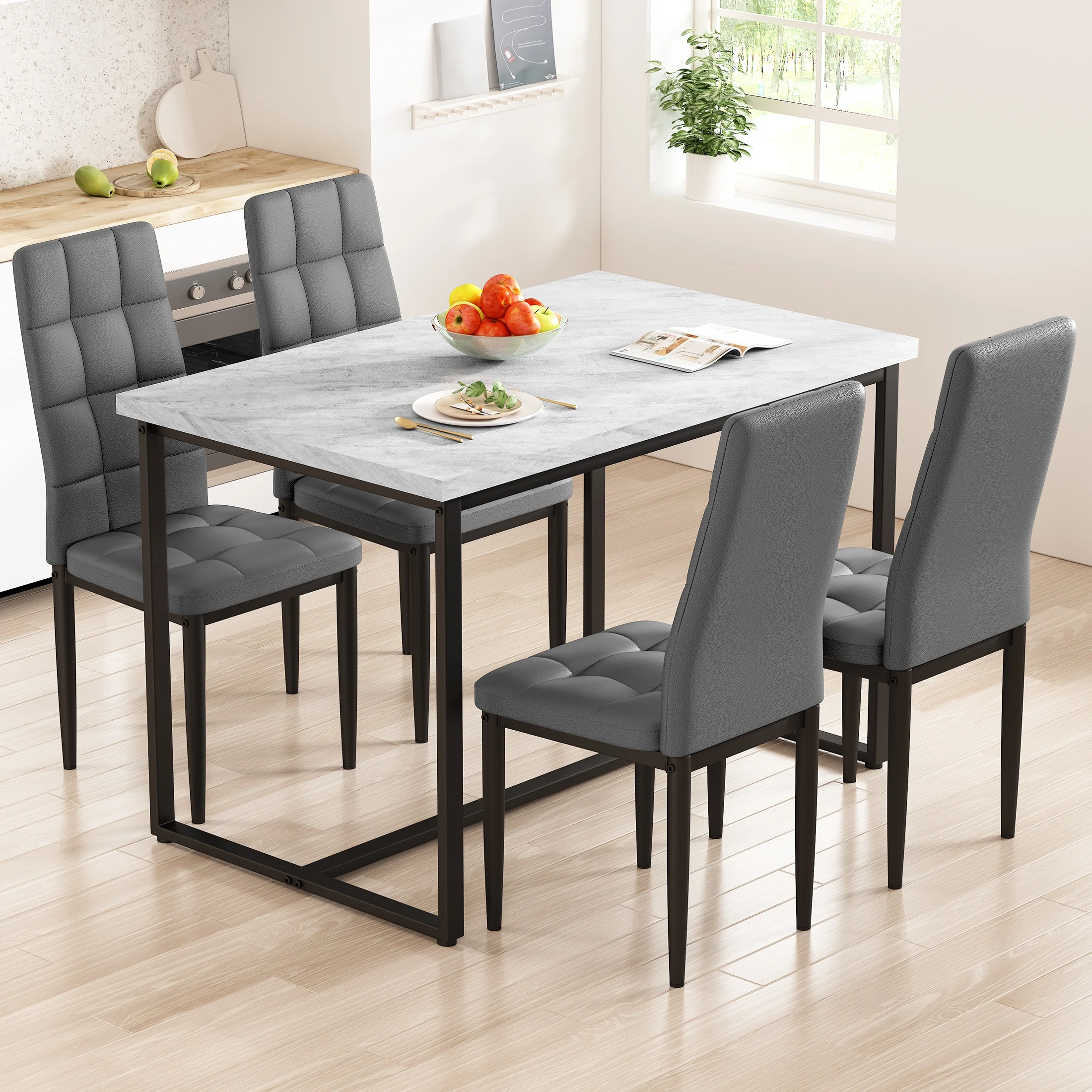 SEGMART Dining Table with 4 High-Back Upholstered Chairs, Modern Dinette Set, Dining Table & Chairs Set for 4 Persons, Small Home Kitchen Dining Table Set, Ideal for Apartment Breakfast Nook