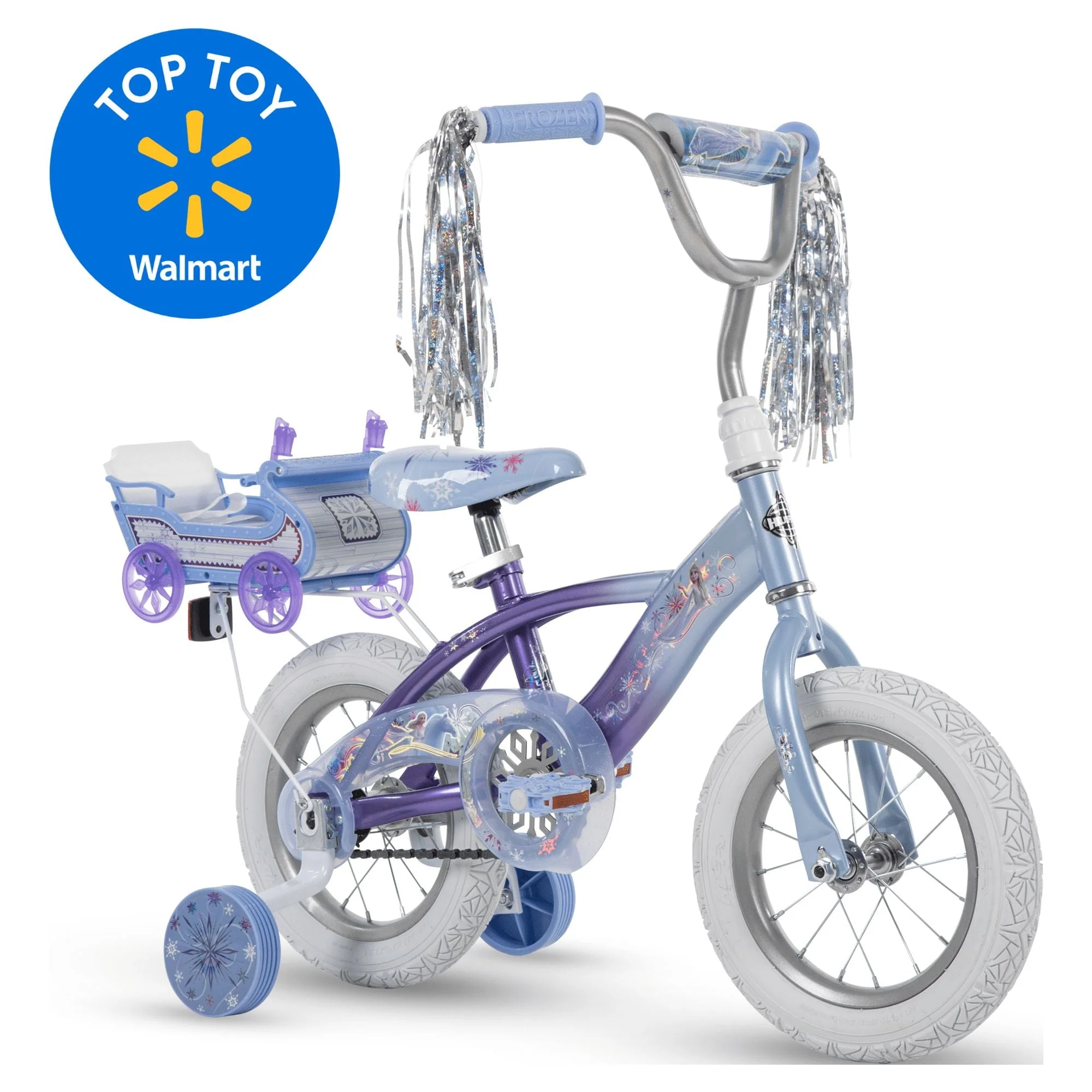 Disney Frozen 12 in. Bike with Doll Carrier Sleigh for Girl's, Ages 2+ Years, White and Purple by Huffy