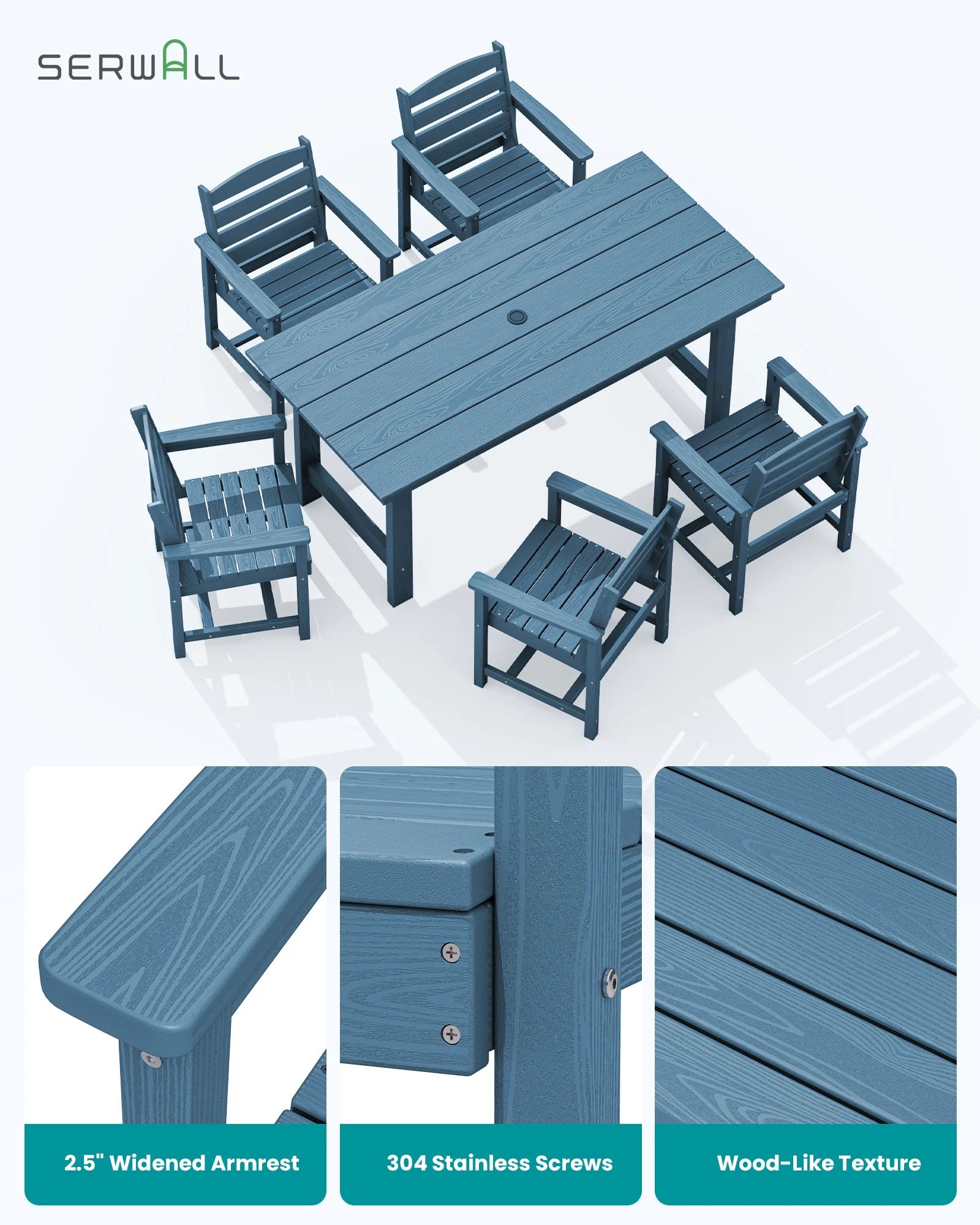 SERWALL Outdoor HDPE Dining Table Set, 7-Piece Outdoor Dining Table Sets with Umbrella Hole, Grey