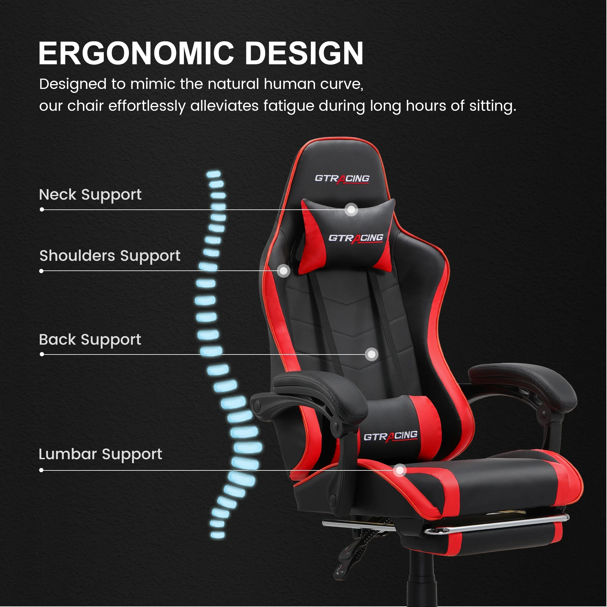 GTRACING GTWD-200 Ergonomic Gaming Chair with Adjustable Pillows and Footrest , Red