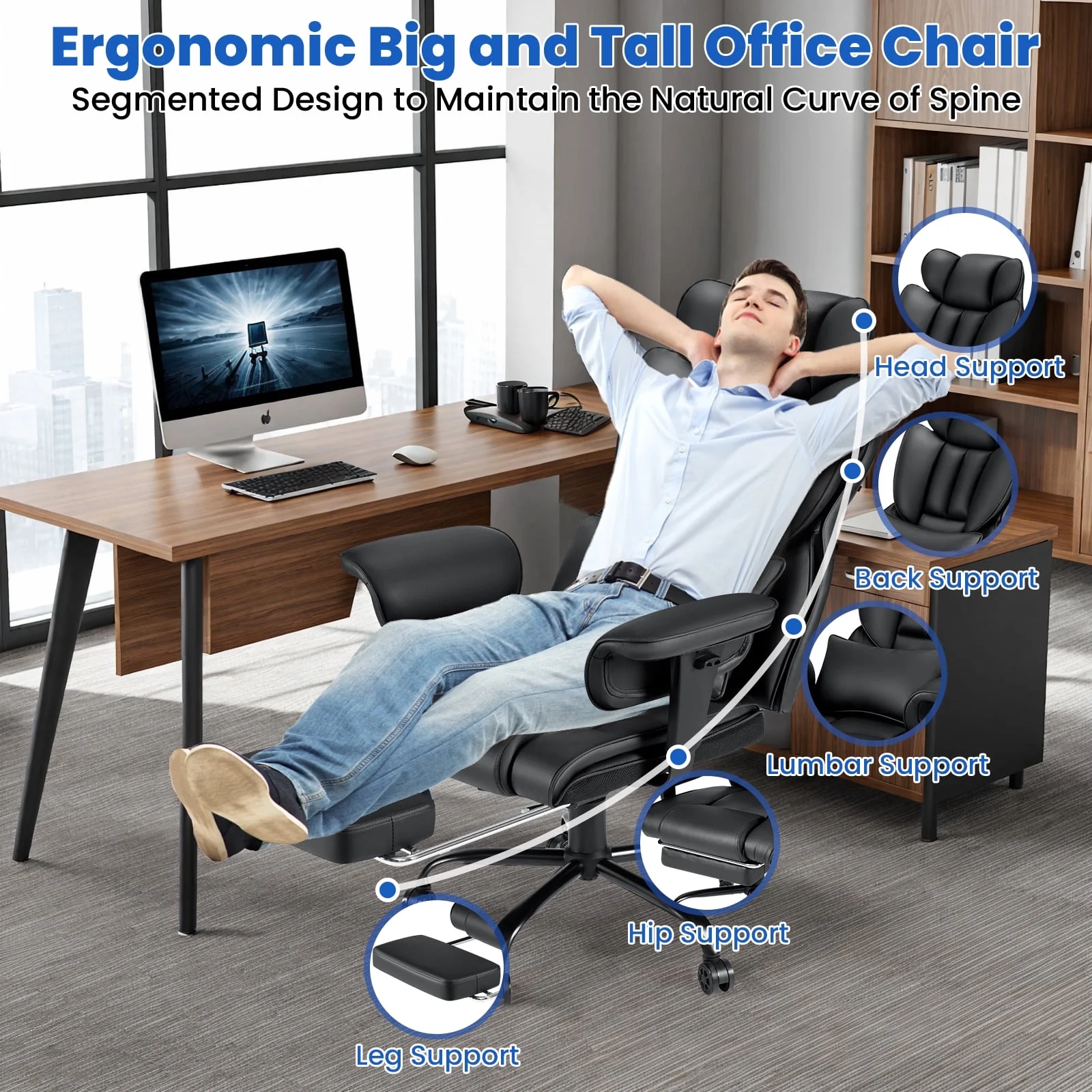 Hoffree Big and Tall Fabric Office Chair 450lbs, Executive Desk Chair with Massage Ergonomic  Computer Chair with Footrest Reclining Desk Office Chair with Lumbar Support for Home Office