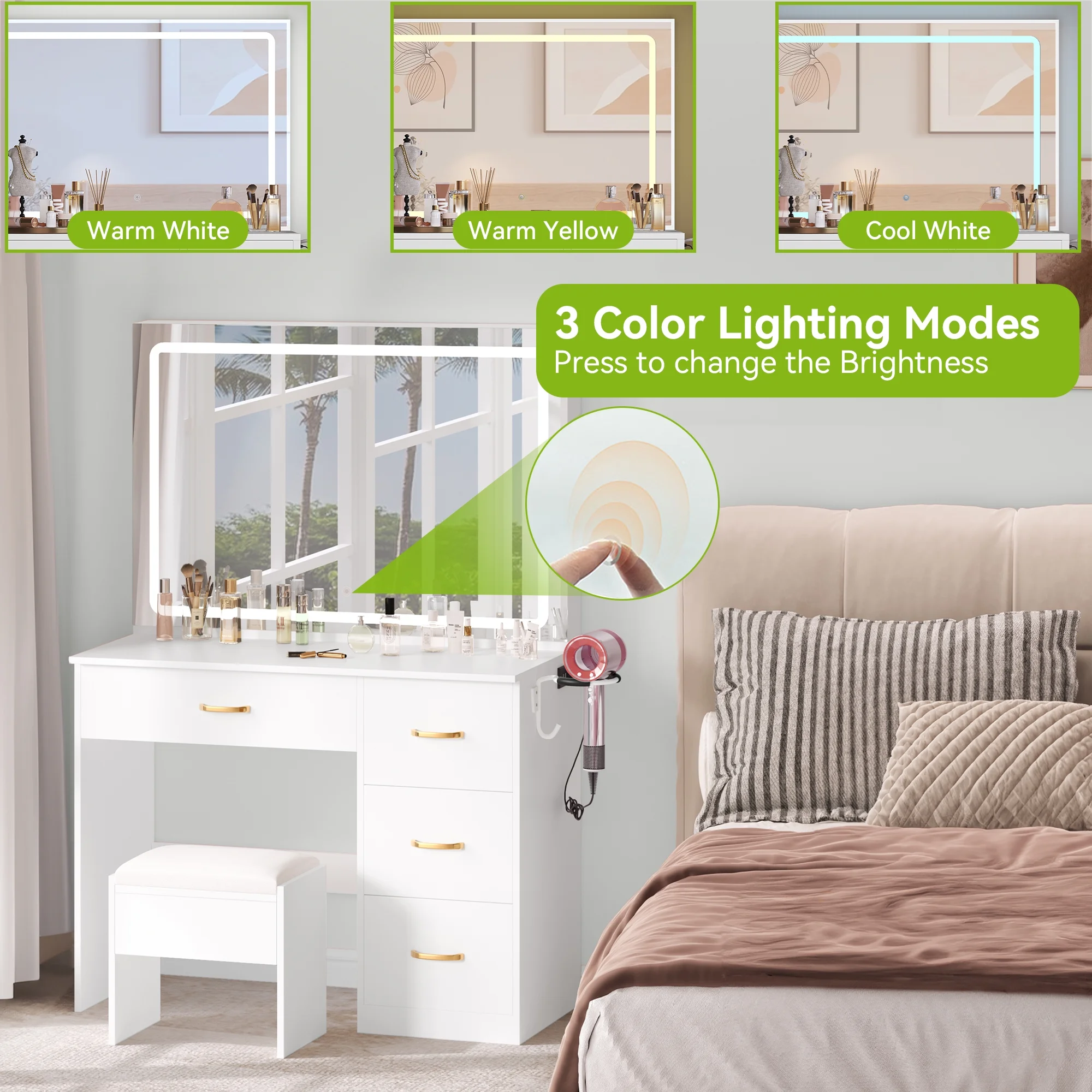 Dextrus Makeup Vanity Desk with Large Lighted Mirror and Storage - Enhance Your Beauty, Routine 4 Drawer Vanity Table with Cushioned Stool, Milky-White