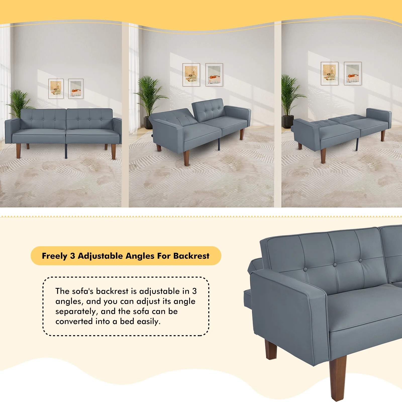 Sofa Bed, Convertible Memory Foam Futon Couch, Adjustable Sleeper Sofa Bed for Living Room, Gray