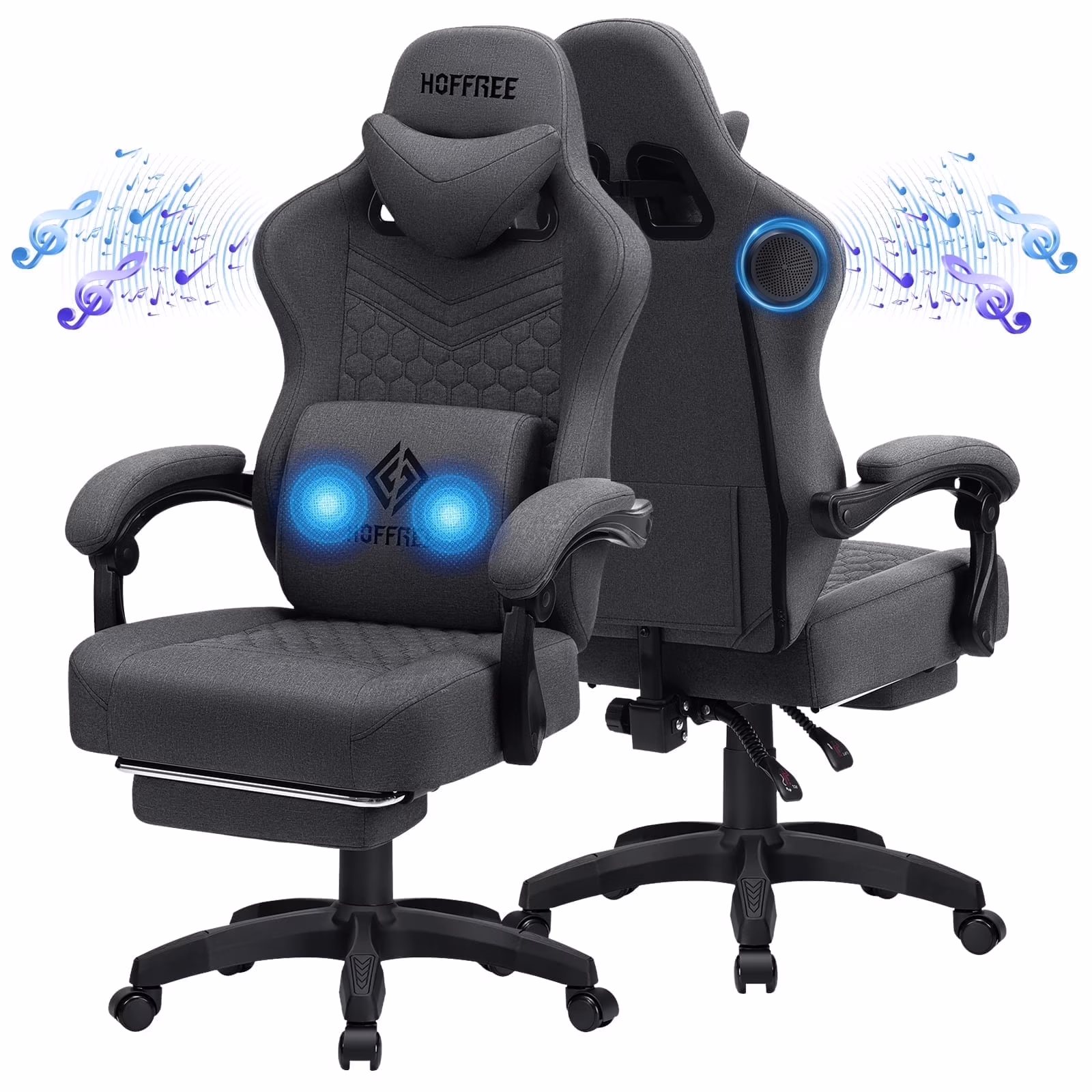 Hoffree Gaming Chair with Speakers Fabric Gamer Chair with footrest and massage Big and Tall Video Game Chair with Headrest and Lumbar Support for Adults