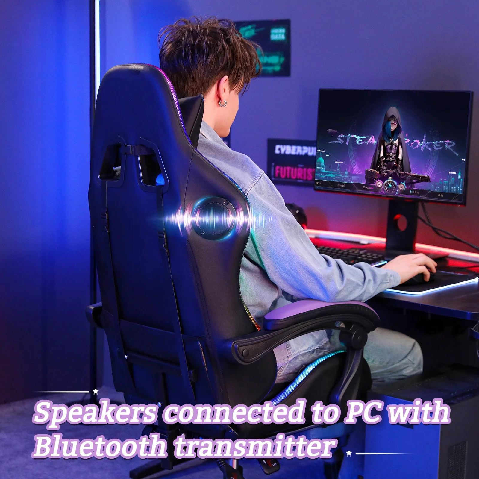 Hoffree Gaming Chair with Speakers PU Leather Office Chair with Footrest and LED Lights Ergonomic Gamer Chair with Massage Lumbar Support and Headrest Adjustable Swivel for Home Office 300lb