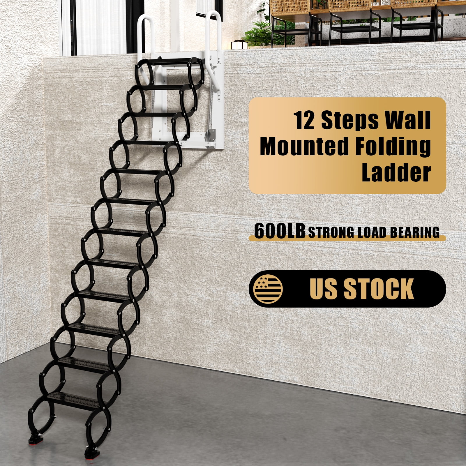 Mad Hornets Wall Mounted Folding Ladder Black Loft Attic Stairs Pull down 12 Steps