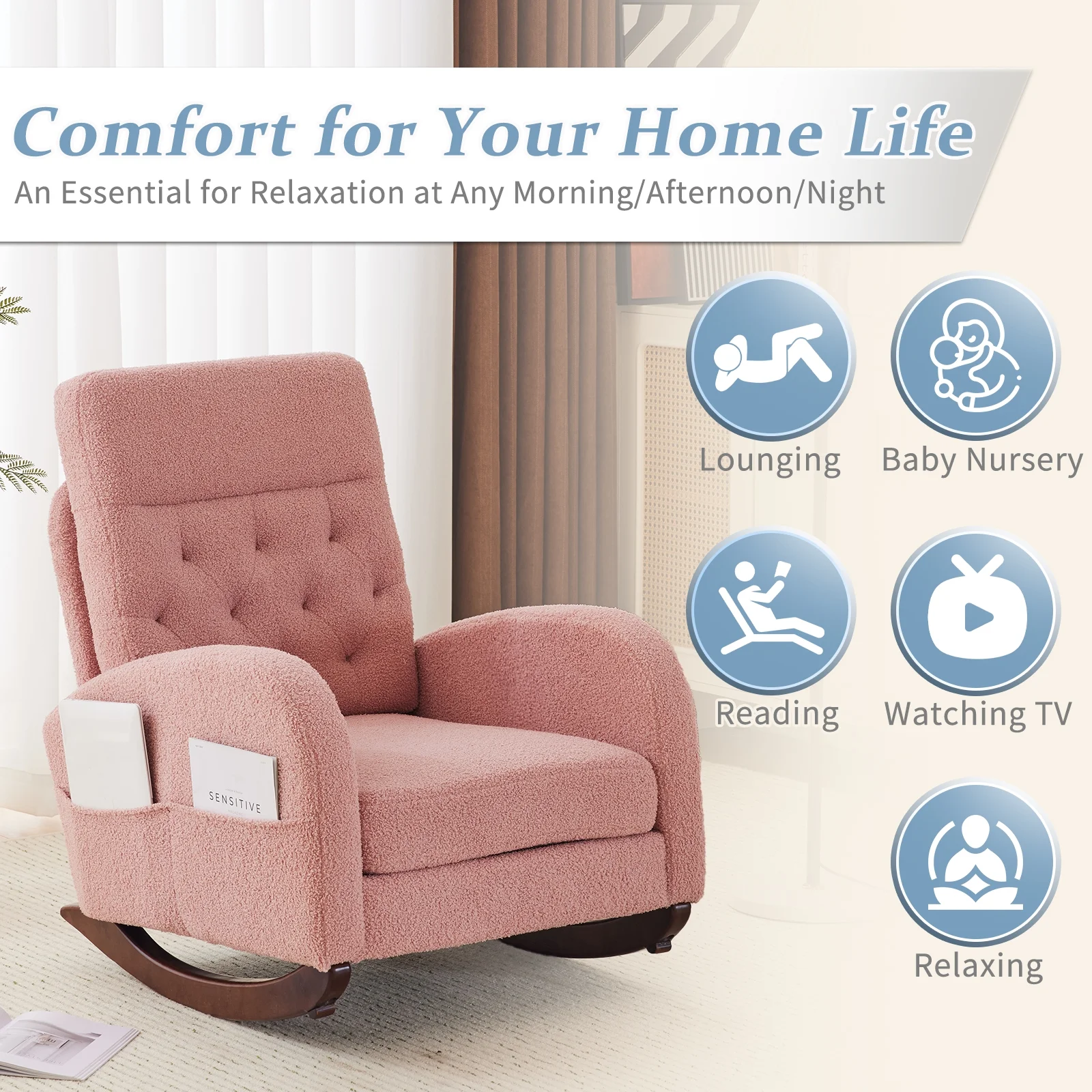 Ktaxon Rocking Accent Chair Glider Reading Chair Comfy Teddy Velvet Upholstered Single Sofa Rocker for Living Room, Nursery, Bedroom Beige