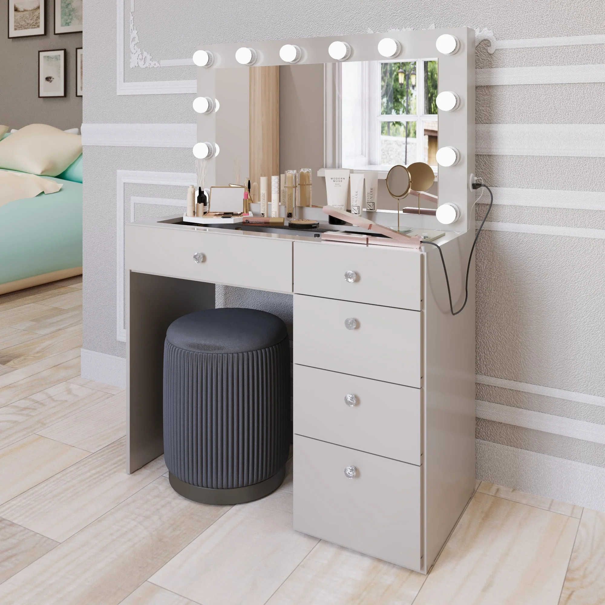 Ember Interiors Ghada Modern Brown Makeup Vanity Desk with Built-in Lights and USB Port for Bedroom
