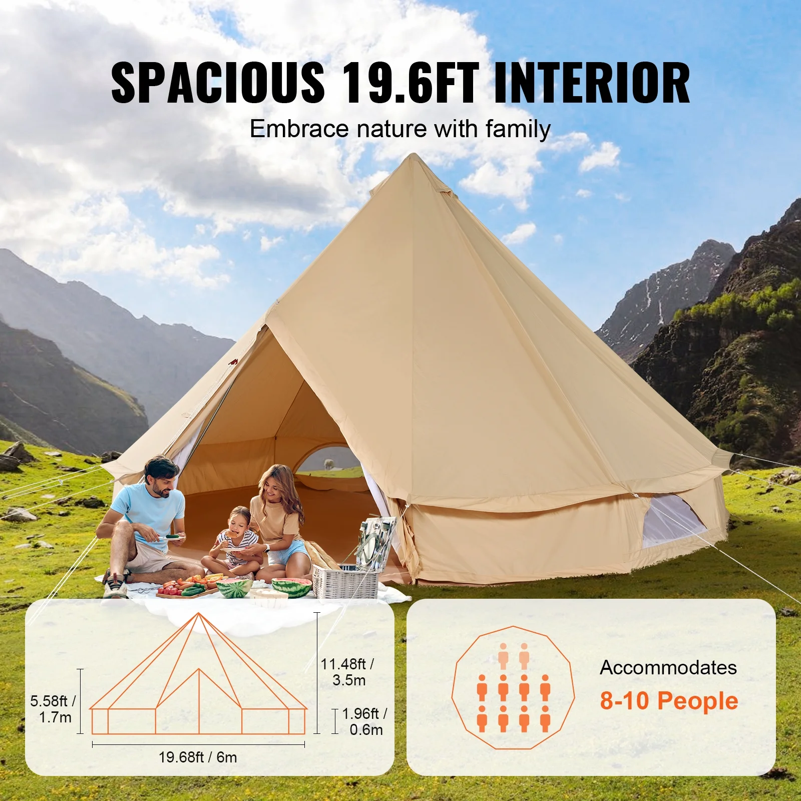 KFFKFF Fabric Yurt Shelter, Quadruple Season 6m/19.68ft Camping Tent, Equipped with Stove Jack, Airy Shelter Accommodates Maximum 10 Individuals, Suitable for Family Outdoor Expedition