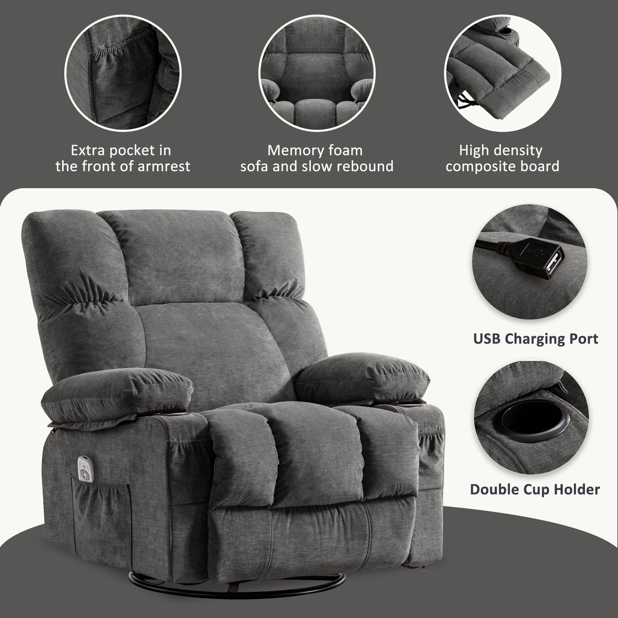 JONPONY Manual Recliner Chair with Heat Therapy and Massage Function, Heavy Duty Reclining Mechanism Massage Chair, Elderly Single Rocker Sofa with Cup Holders for Bedroom Home Theater,Grey