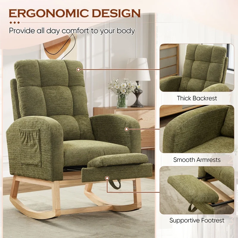 FFH Rocking Chair Nursery, Tufted Accent Rocker Chair, Upholstered Armchair with Adjustable Footrest, Side Pocket, High Backrest, Padded Seat, Polyester Blend (Retro, Dark Gray)