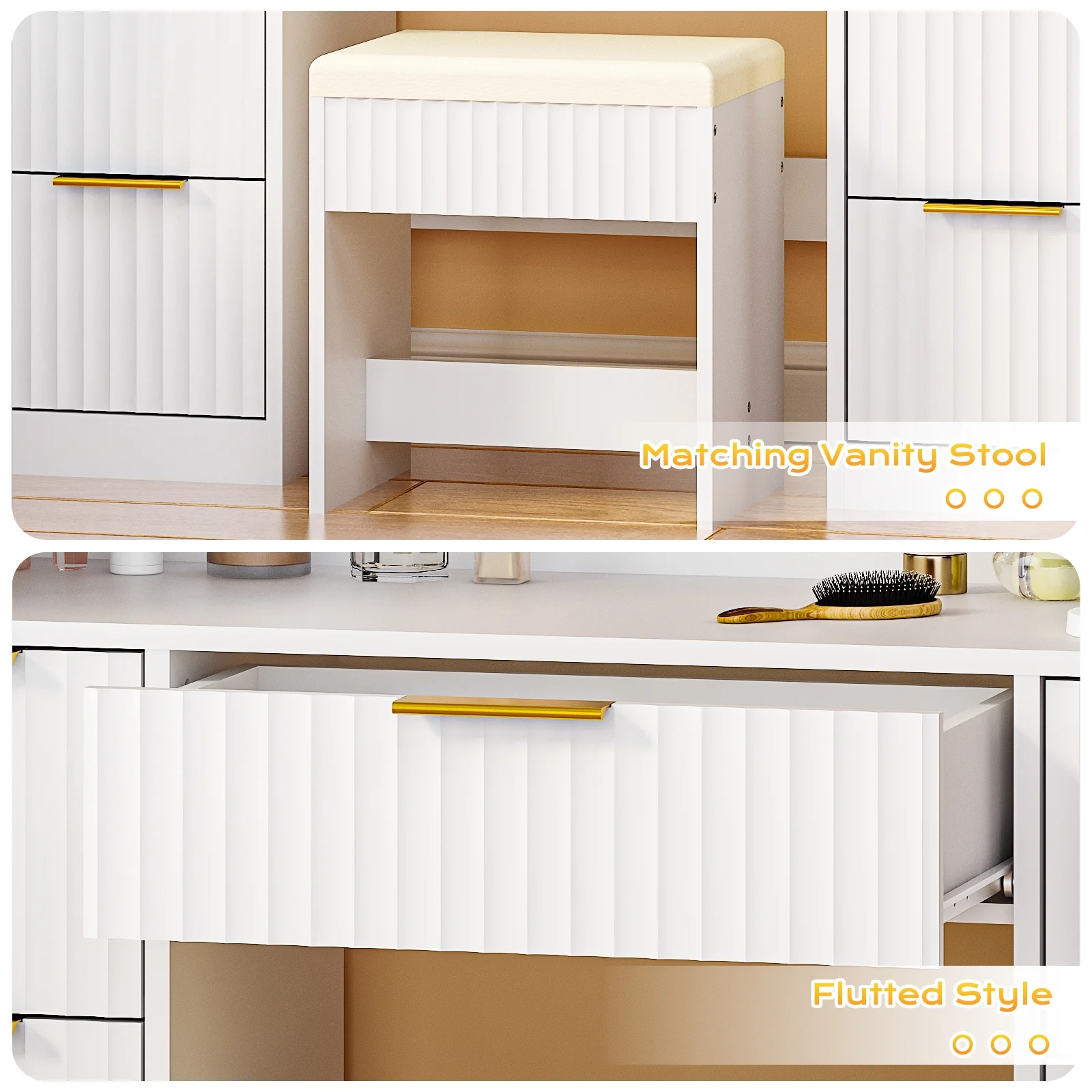 Ktaxon Lighted Makeup Vanity, White Vanity Table Set with 2 Drawer and Charging Station, Femal Gift