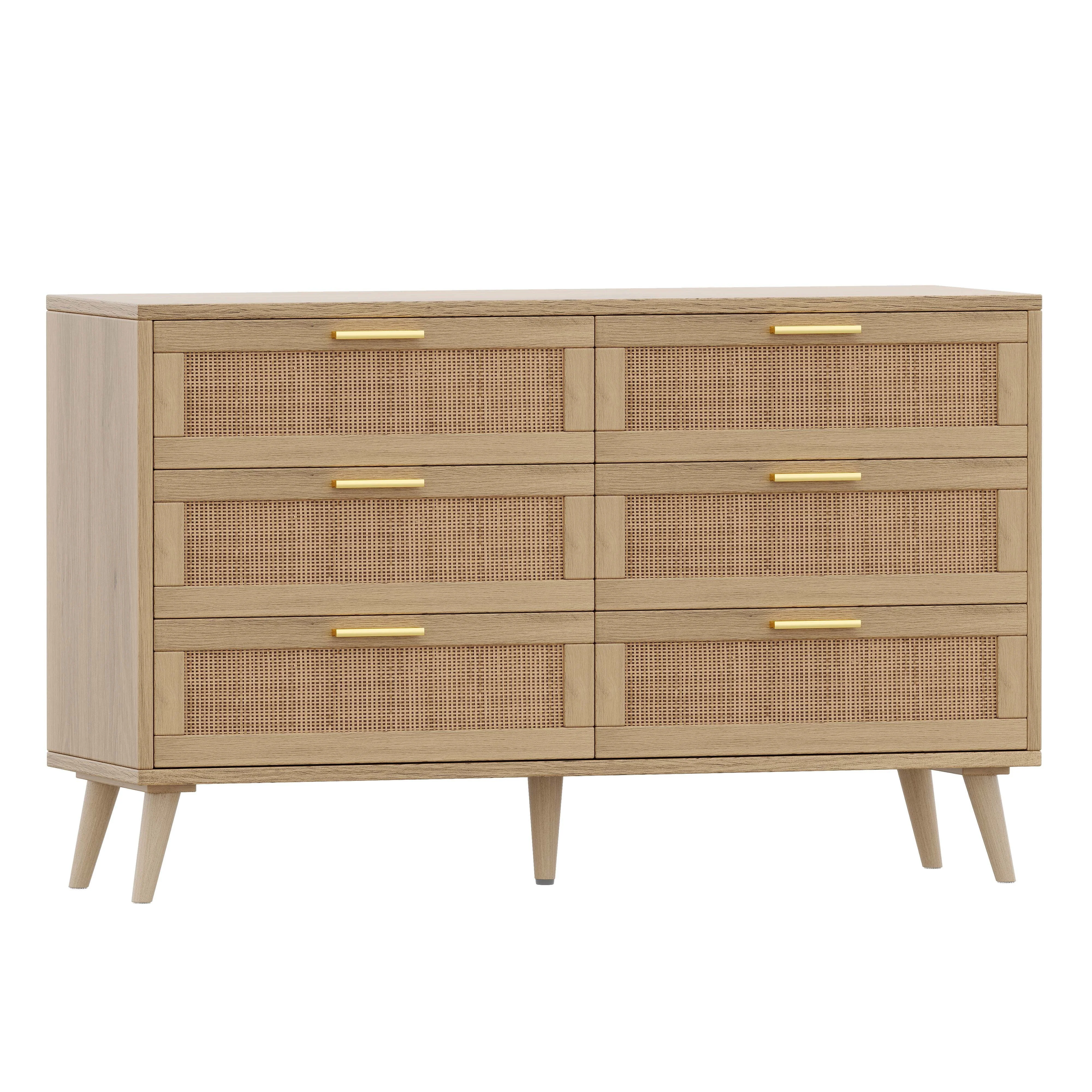 Rovaurx 6 Drawer Double Dresser Chest, Bedroom Chest of Dressers, Rattan Beside Table, Natural