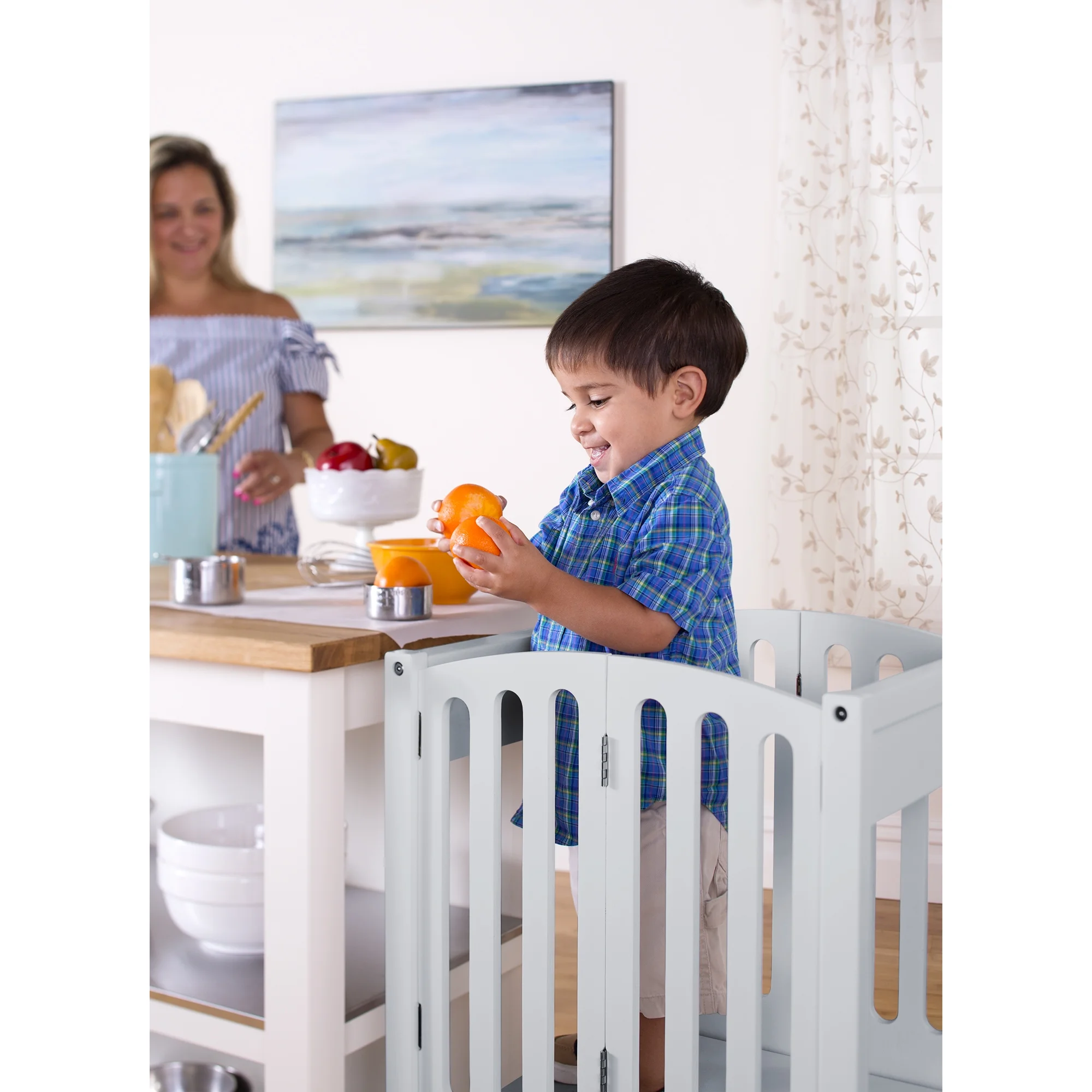 Guidecraft Contemporary Kitchen Helper Step Stool - White: Adjustable, Folding Montessori Toddler Tower - Safety Learning Furniture