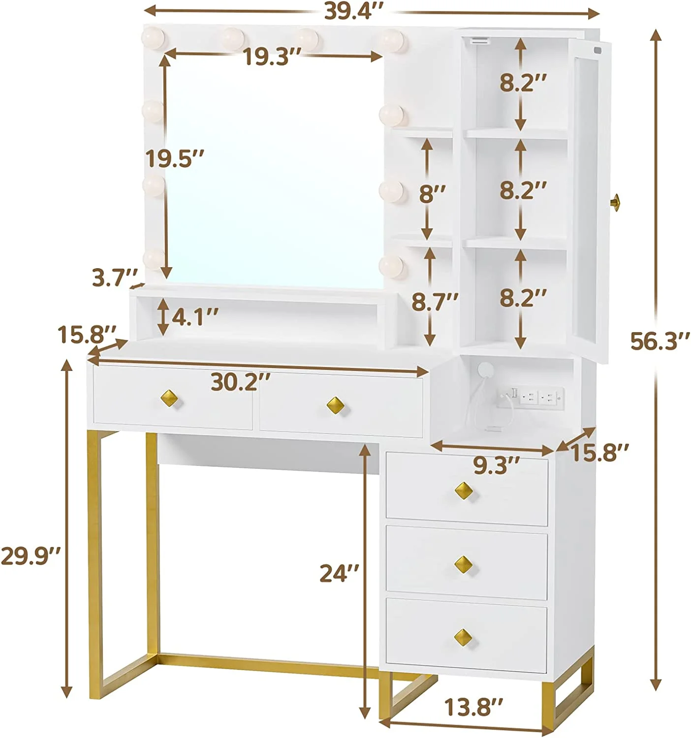 Afuhokles Large Makeup Vanity with Lights, Vanity Table with Charging Station Vanity Desk with Mirror and 10 LED Light Bulbs, 5 Drawers, White