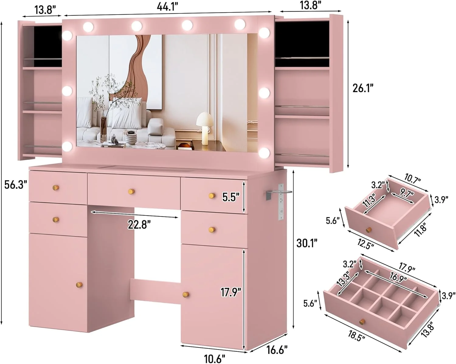 White Vanity Desk with Large Lighted Mirror & Power Outlet, Makeup Vanity Table with Glass Top & Drawers, Sliding Storage, 44.1