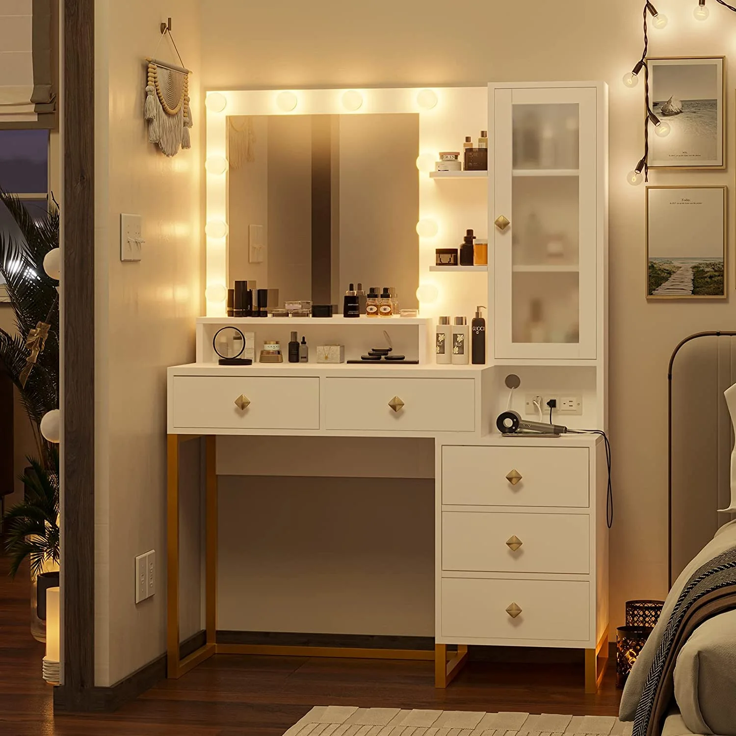 Afuhokles Large Makeup Vanity with Lights, Vanity Table with Charging Station Vanity Desk with Mirror and 10 LED Light Bulbs, 5 Drawers, White