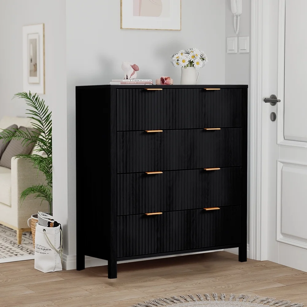 YOCWO Fluted Nightstand for Bedroom Set of 2 , Wood Bedside Table Set of 2 with Drawers, Black