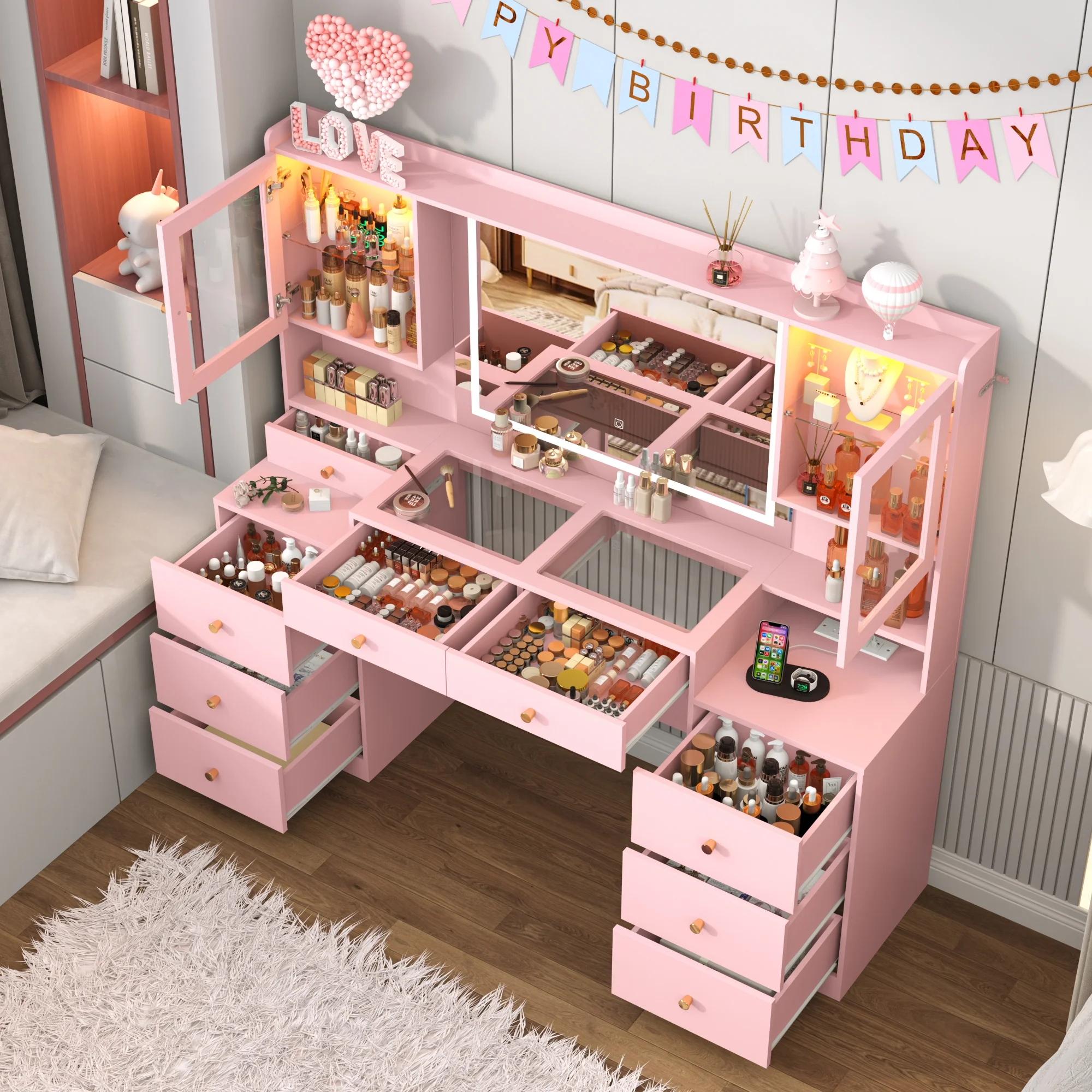 ChVans 62'' Large Vanity Desk with Tempered Glass Top, 60000-color LED Lights, Charging Station, White Makeup Vanity with 3 Lights Mode LED Mirror, 9 Drawers, 2 RGB cabinets for Women, Girls Gift