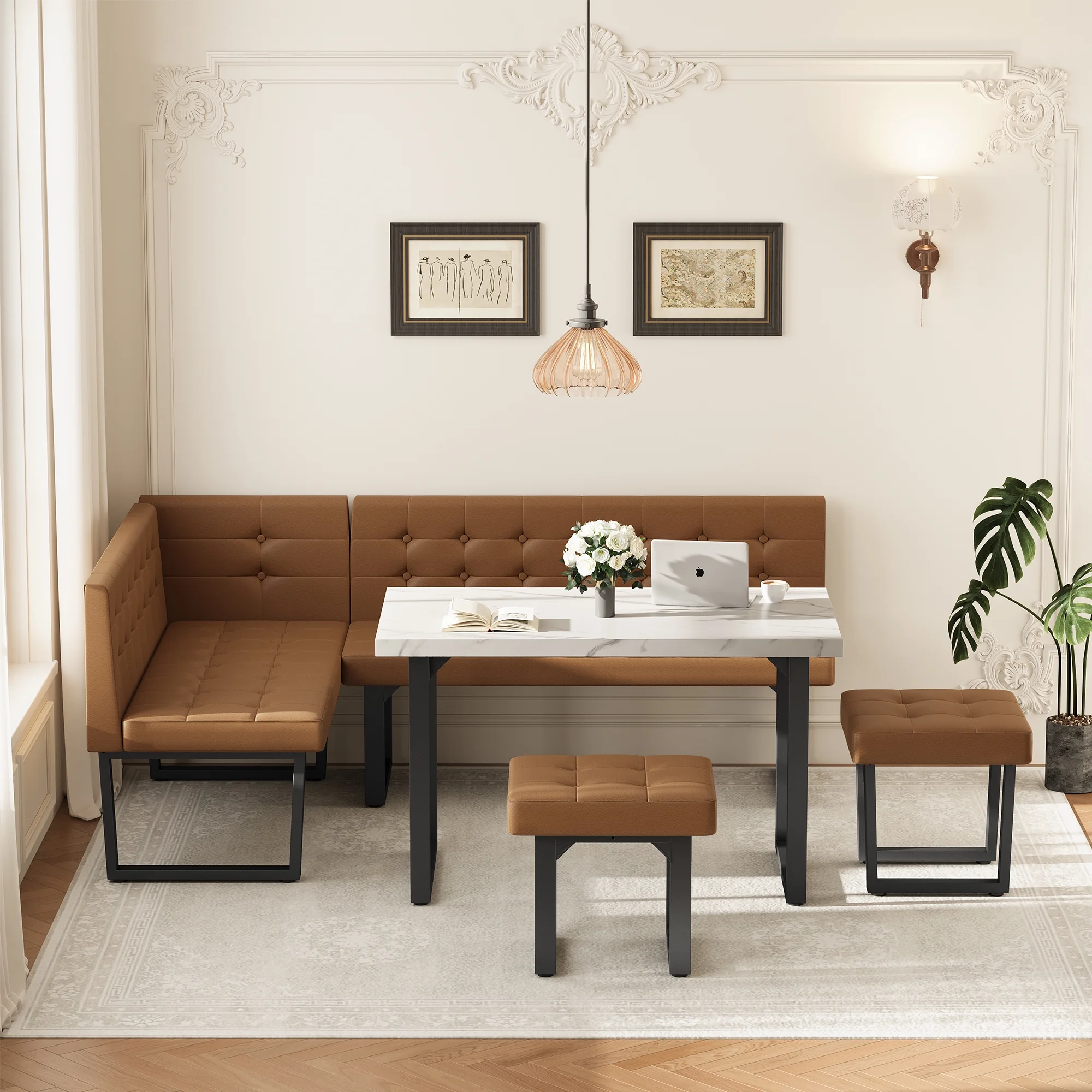 Brafab 5 Piece Corner Dining Breakfast Nook with Table and Bench Modern Kitchen Table Set with Gray Upholstered Banquette Seating