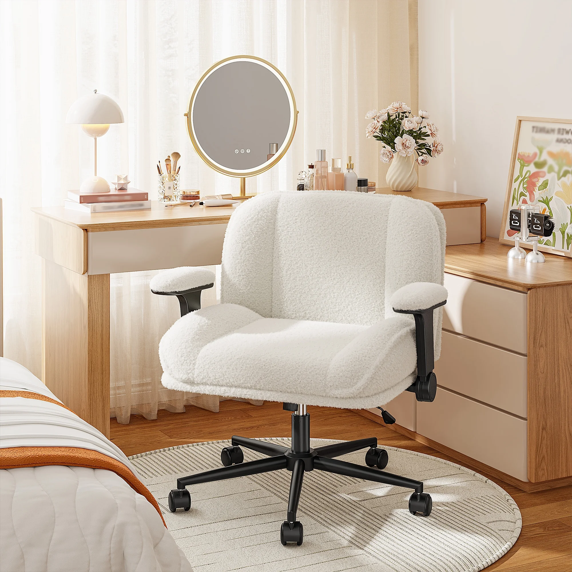 Romorgniz Criss Cross Chair with Adjustable Arms & Lumbar Support Office Chair with Reclining Back, Thick Cushion & Wheels for Office, Gaming, Reading, Vanity, Off-White