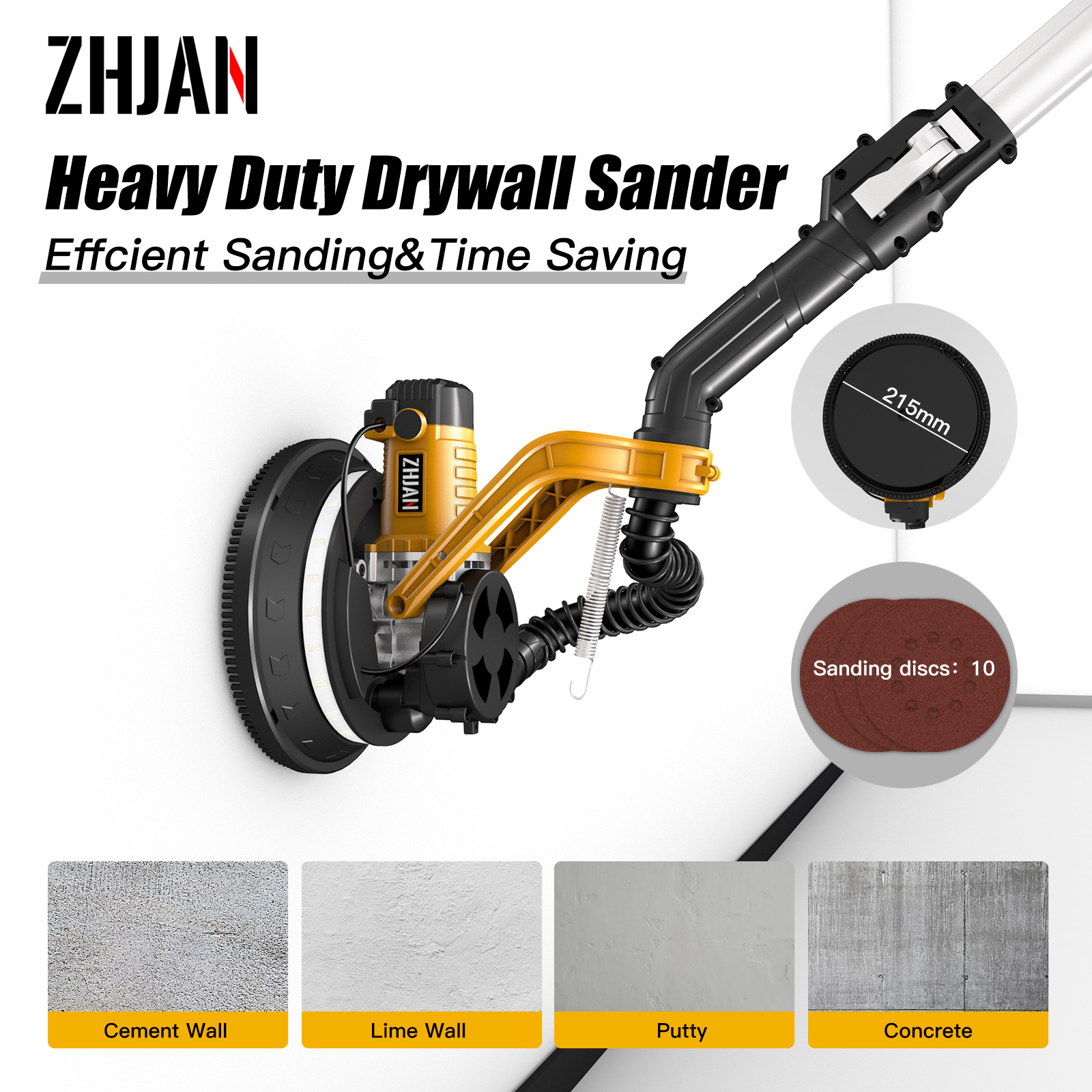 ZHJAN Electric Drywall Sander with Vacuum - Heavy Duty 880W, 5-Speed 1000-2100RPM, Extendable Handle, 12 Discs & Dust Bag, LED Light (59