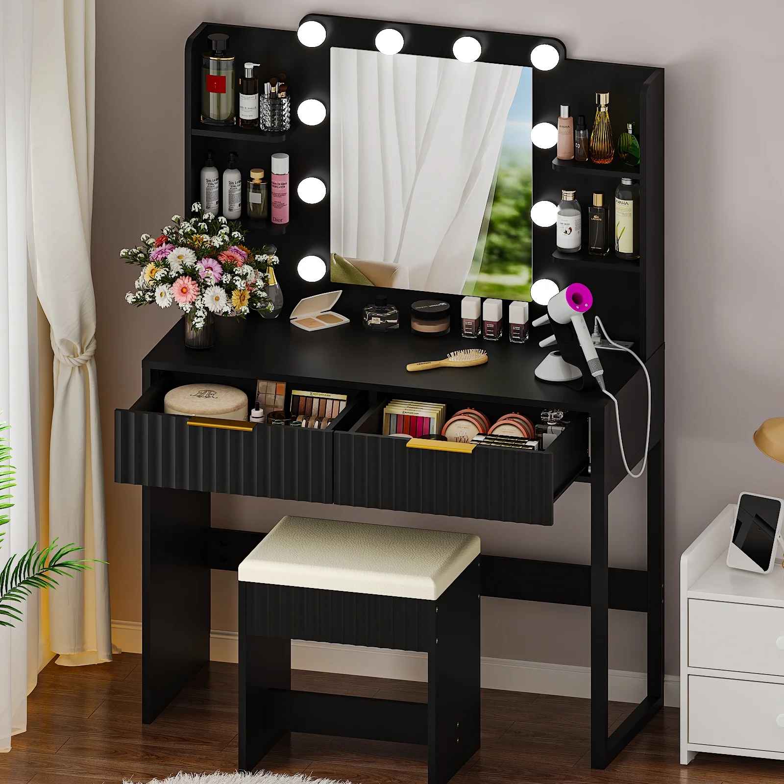 Ktaxon Lighted Makeup Vanity, White Vanity Table Set with 2 Drawer and Charging Station, Femal Gift