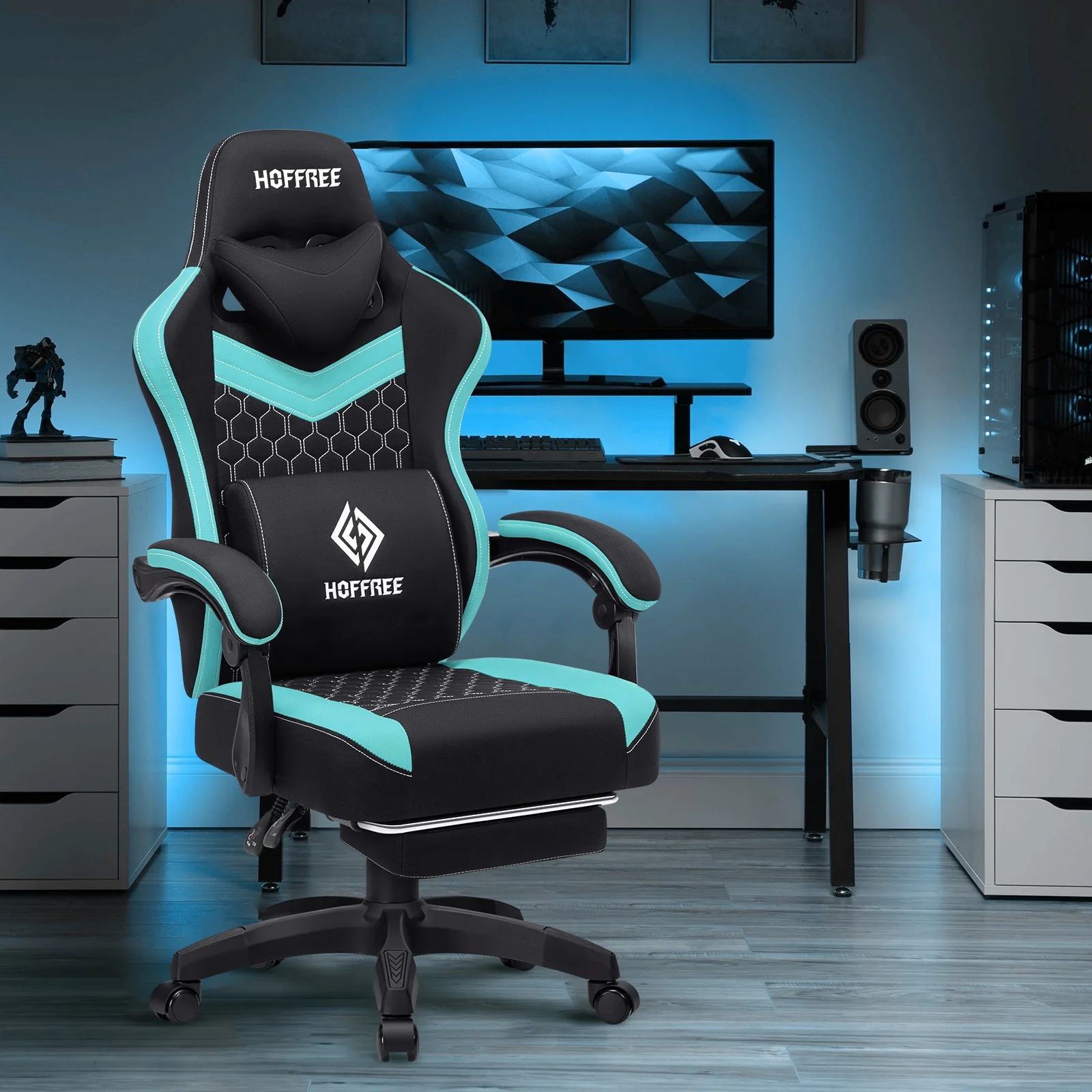 Hoffree Gaming Chair with Speakers Fabric Gamer Chair with footrest and massage Big and Tall Video Game Chair with Headrest and Lumbar Support for Adults